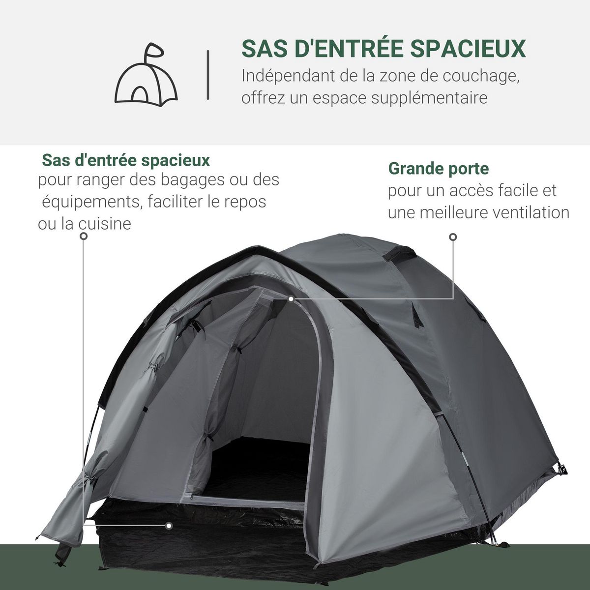 OUTSUNNY Tente de camping 2-3 personnes montage facile 2 portes fenêtres dim. 3,25L x 1,83l x 1,3H m fibre verre polyester PE gris