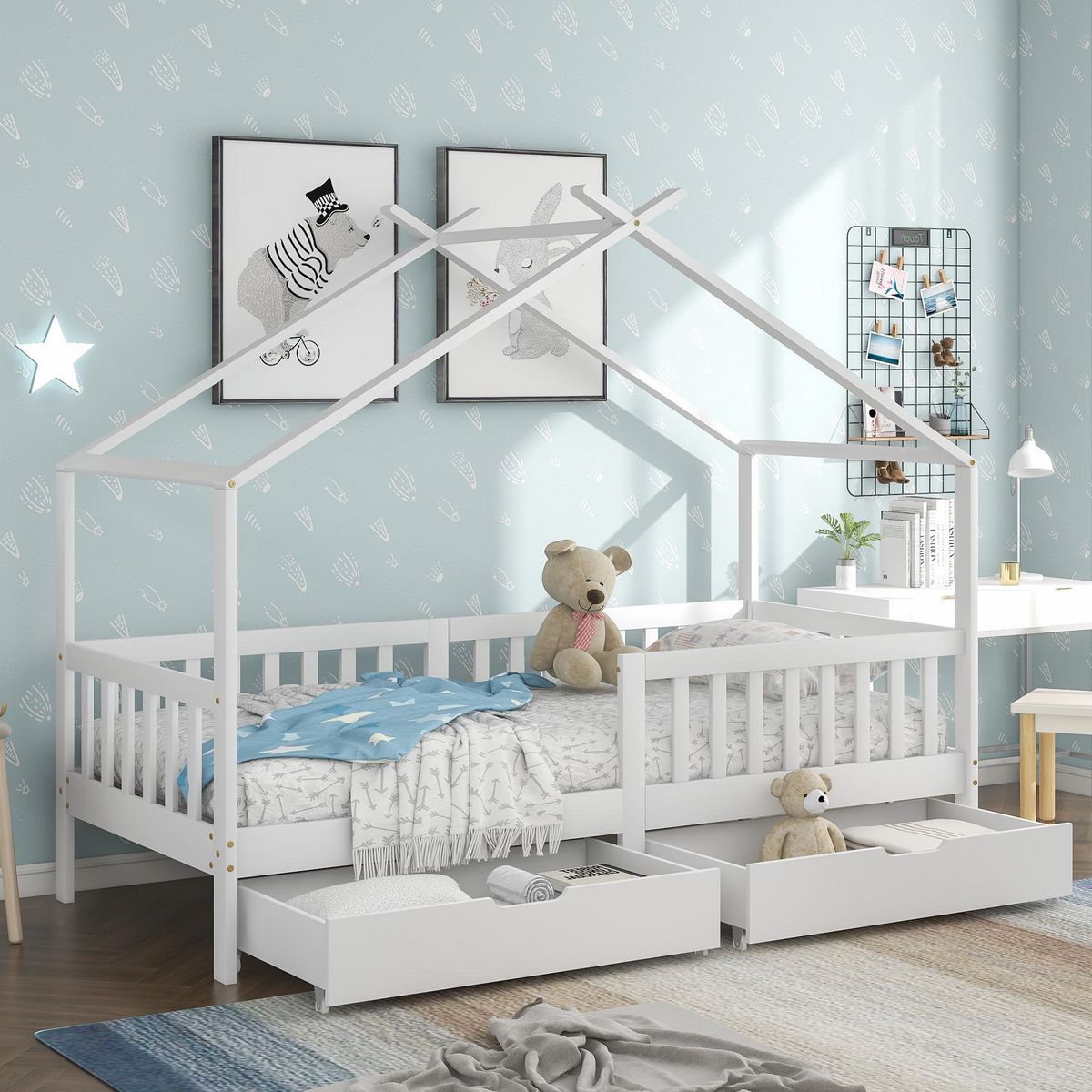 MERAX Lit cabane enfant 90x200cm pin coloris blanc