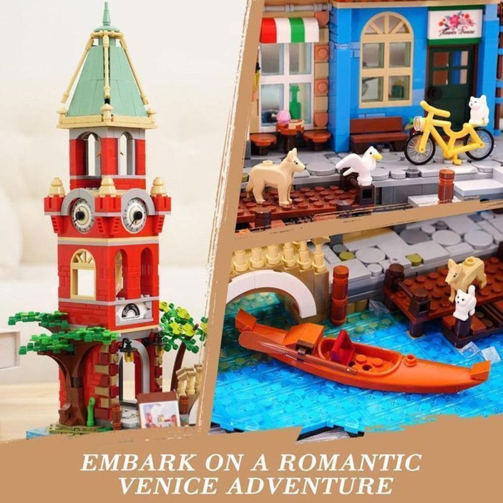 Voir la diapositive 5 : Kit de construction modulaire Venise romantique 2 155 pièces avec éclairage LED, 4 bâtiments, gondole et canal
