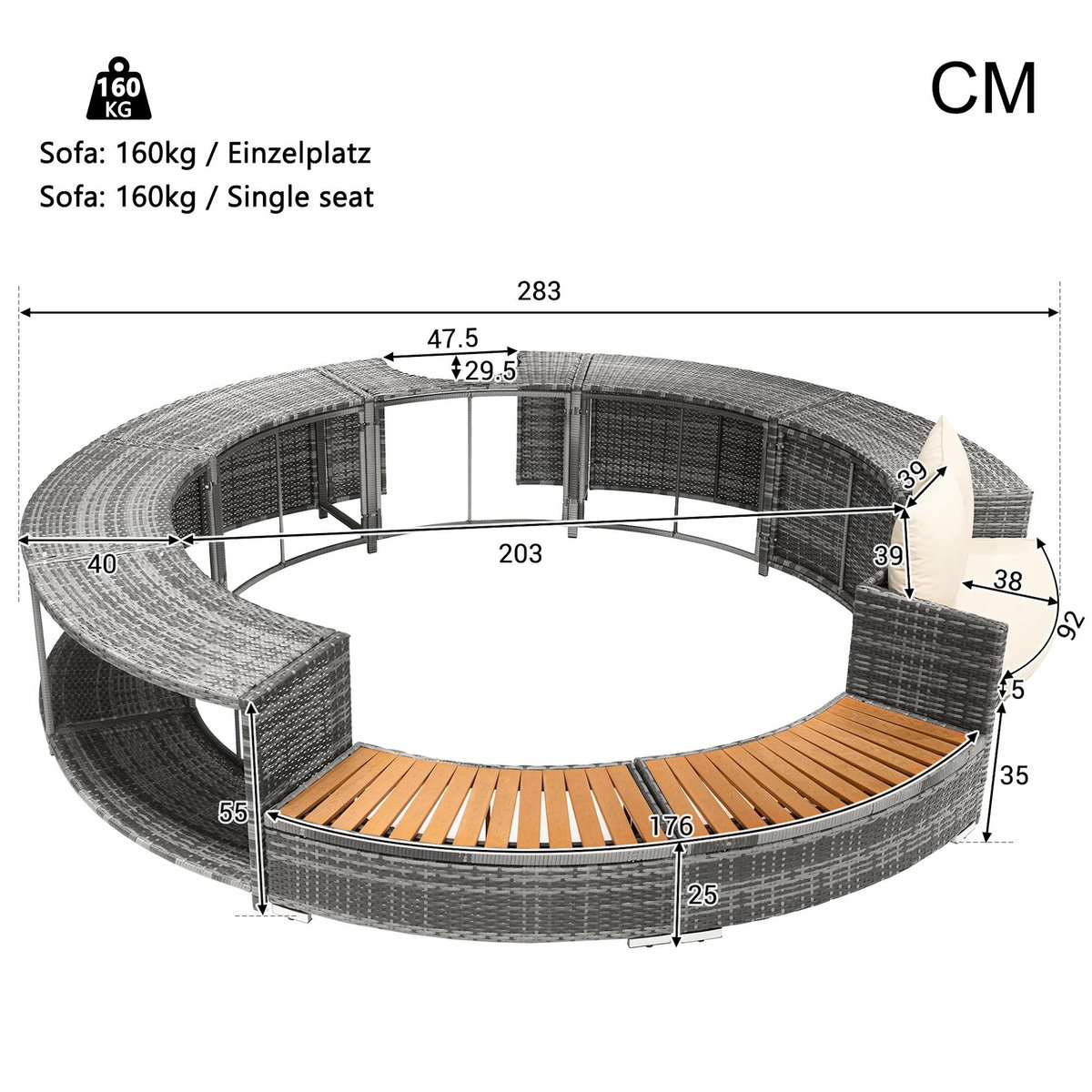 MERAX Salon de jardin 4 places en fer, canapé rond, pieds réglables, coussins, pour piscine, gris