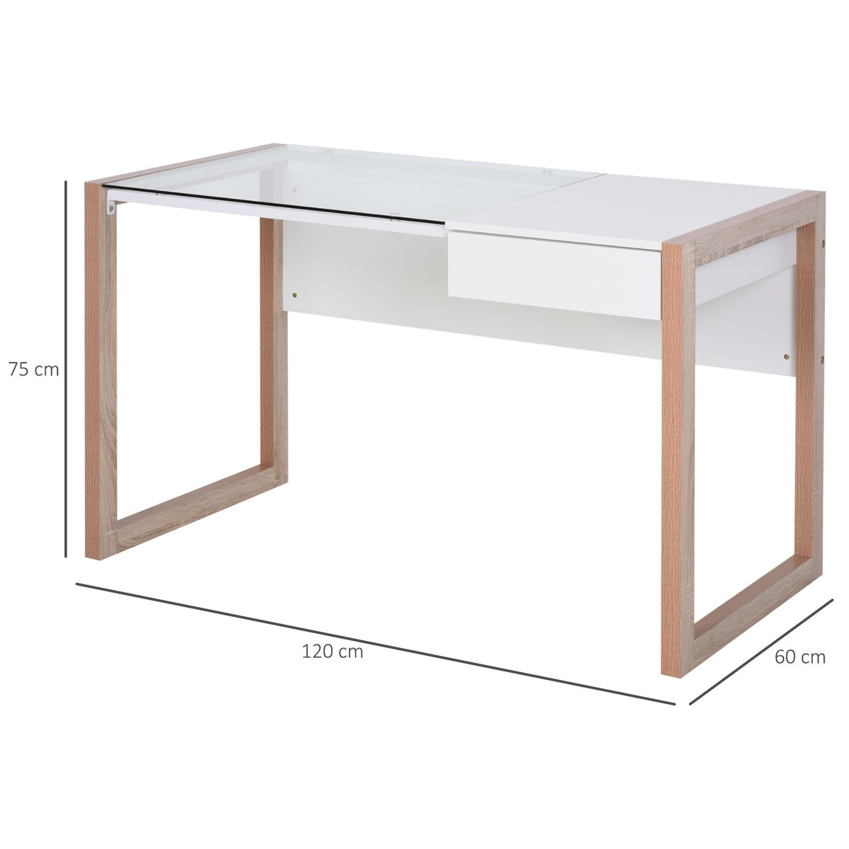 HOMCOM Bureau Informatique Table de Travail Ordinateur avec Grand Plateau en Verre Trempé et Tiroir Intégré Idéal pour Bureau Chambre 120 x 60 x 75 cm Blanc et Bois