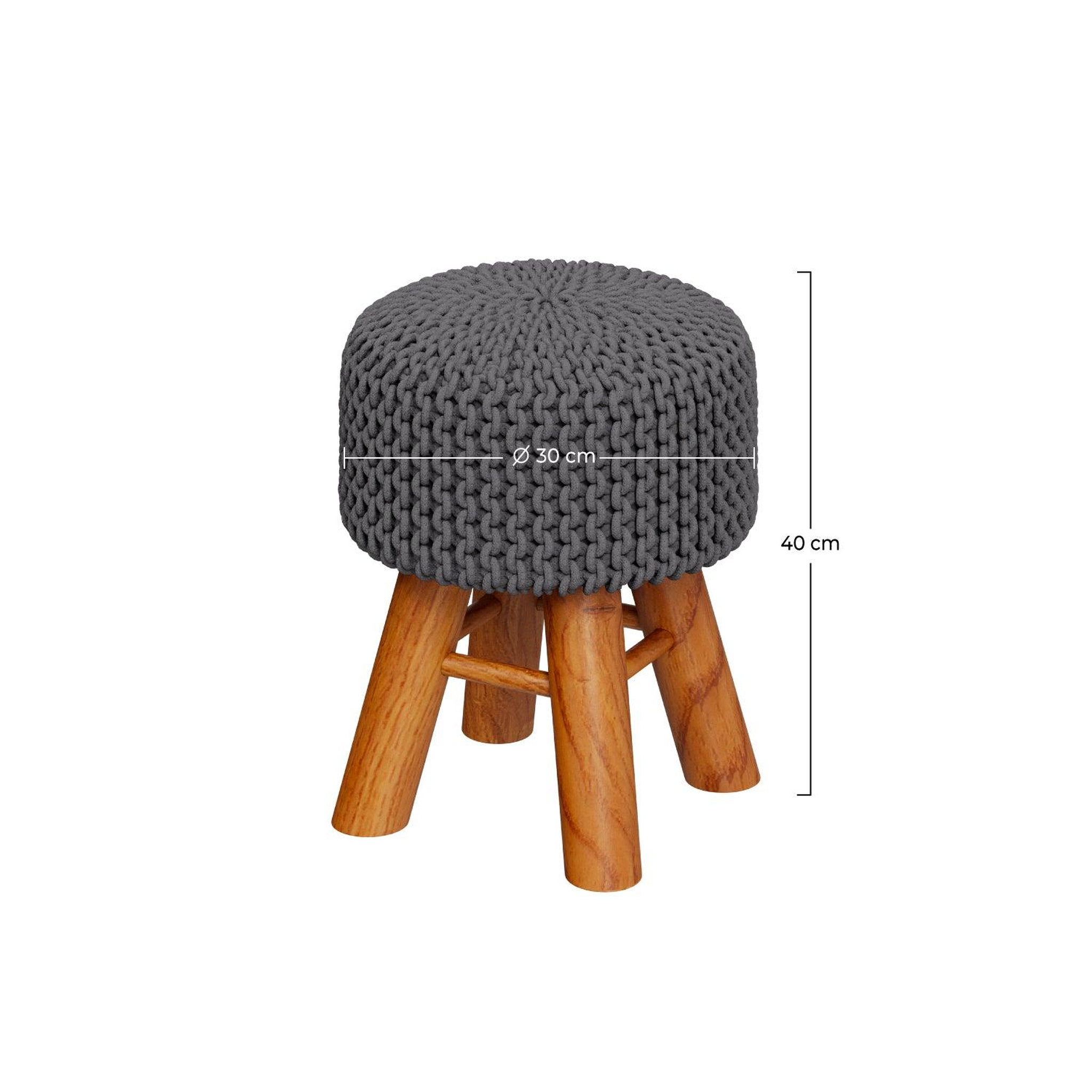 Voir la diapositive 4 : MAISON PAVANE Petit tabouret rond en tricot coton gris foncé et pieds en bois-lisa
