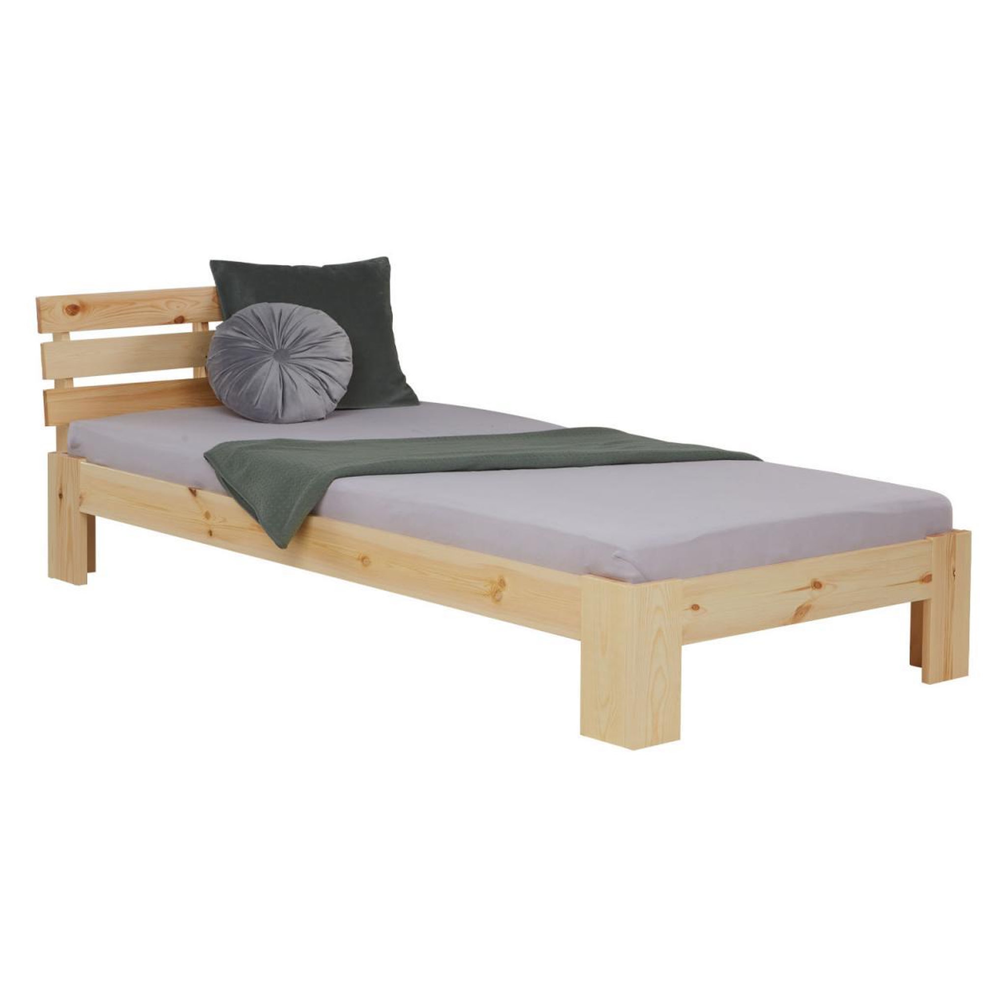 Voir la diapositive 2 : HomeStyle4U Lit simple en bois 90x200 avec sommier à lattes naturel