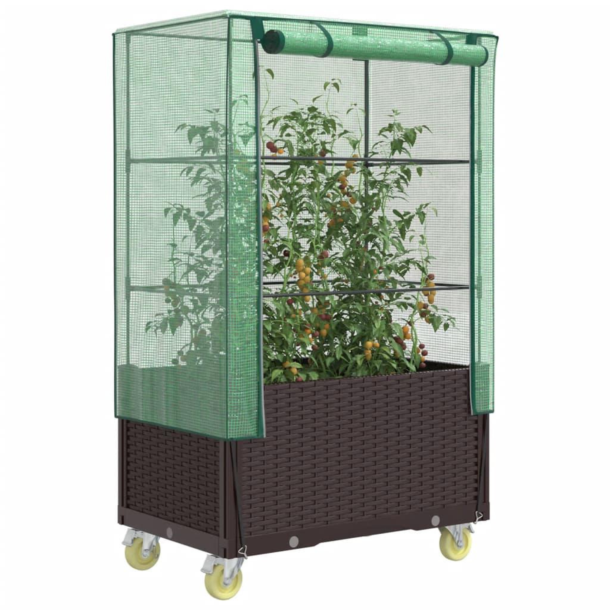 VIDAXL Jardiniere surelevee avec housse et roues aspect rotin
