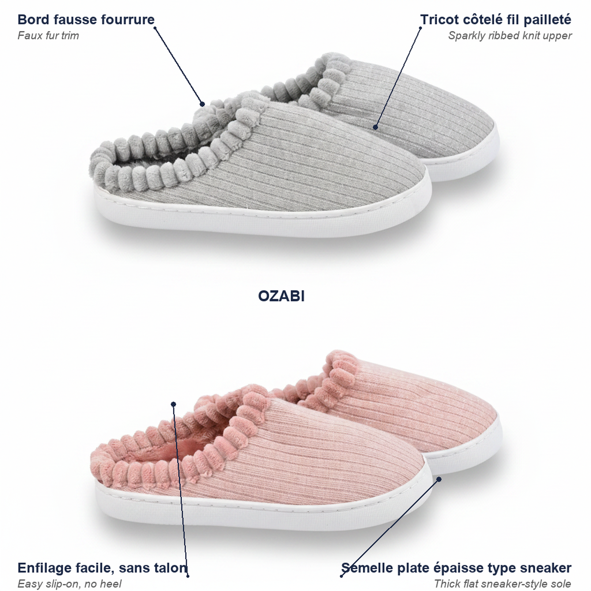 Voir la diapositive 5 : OZABI Ozabi pack 2 paires mules femme tricot côtelé pailleté fausse fourrure