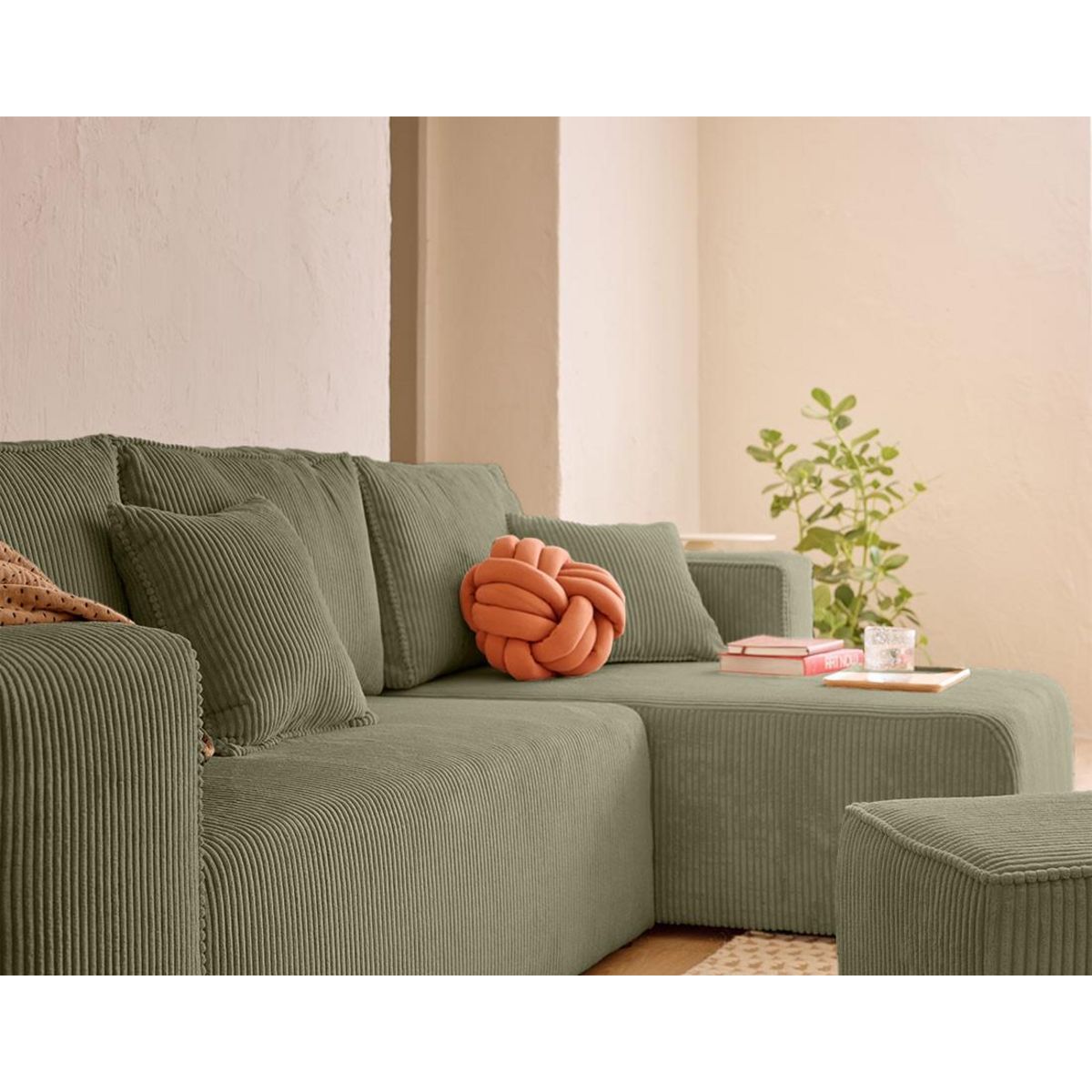 BEST MOBILIER Topaze - canapé d'angle réversible 4 places - convertible avec coffre, tablette et poufs - en velours côtelé