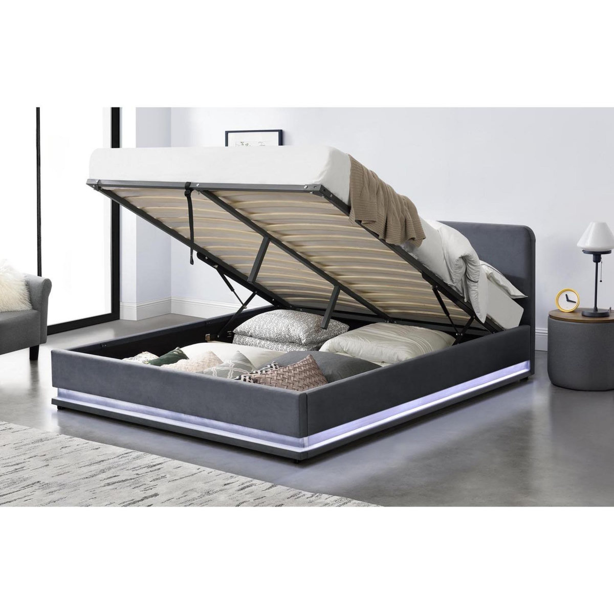 CONCEPT USINE Structure de lit avec LED 160 x 200 cm en velours gris NEWYORK