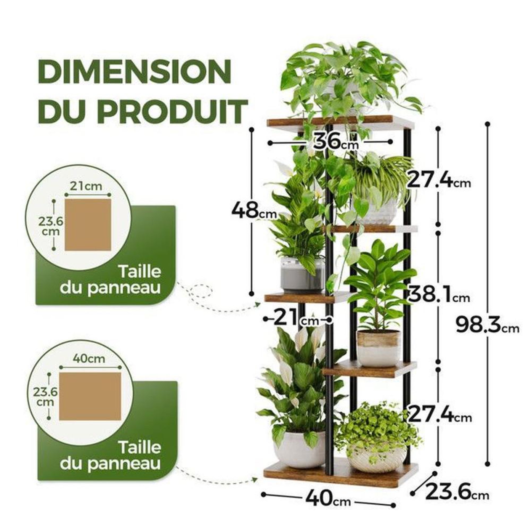 Voir la diapositive 5 : Étagère plantes 5 niveaux en métal et MDF, 40 x 23,6 x 98,3 cm, marron