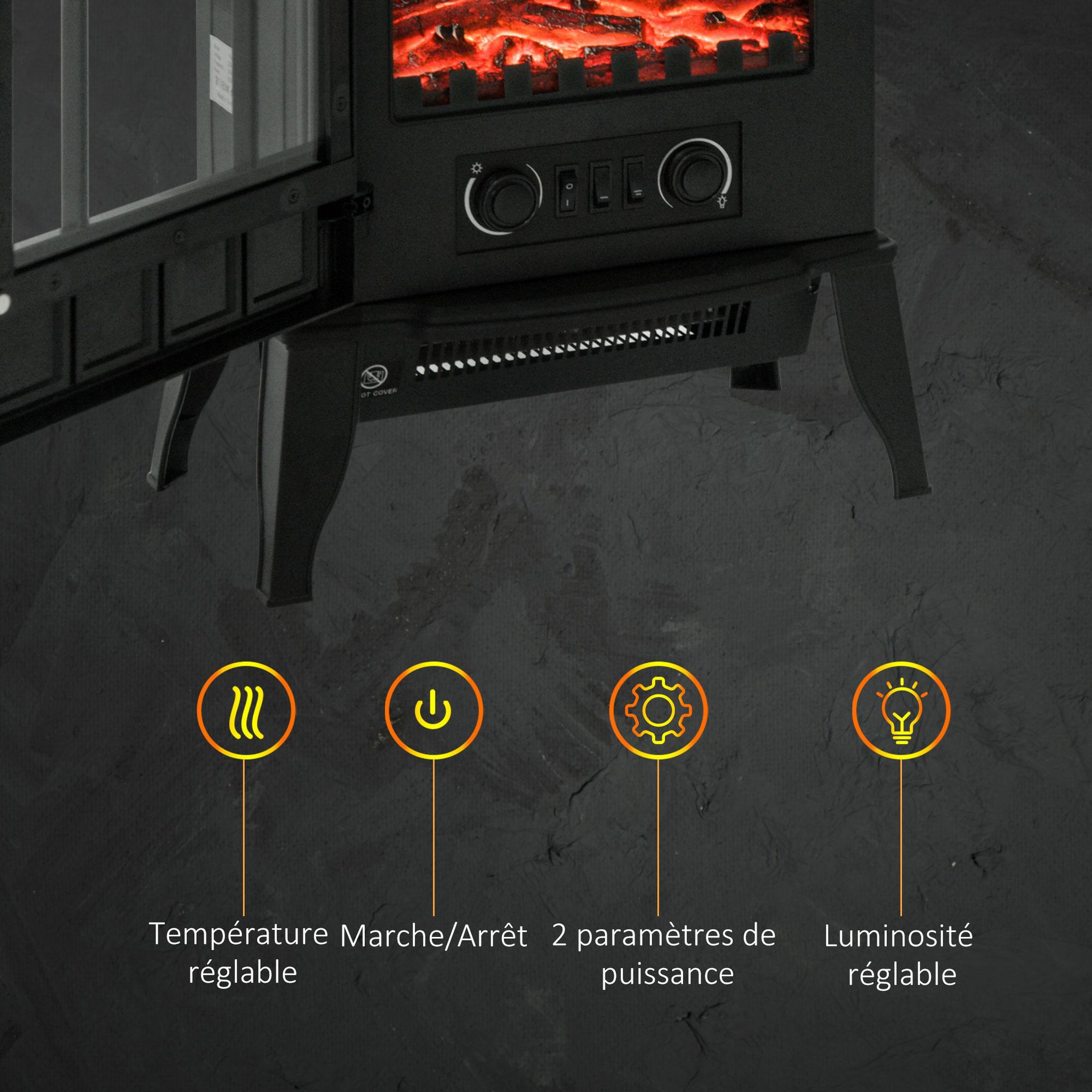 Voir la diapositive 4 : HOMCOM Cheminée électrique poêle style rétro 1000-2000 w simulation flammes led porte noir