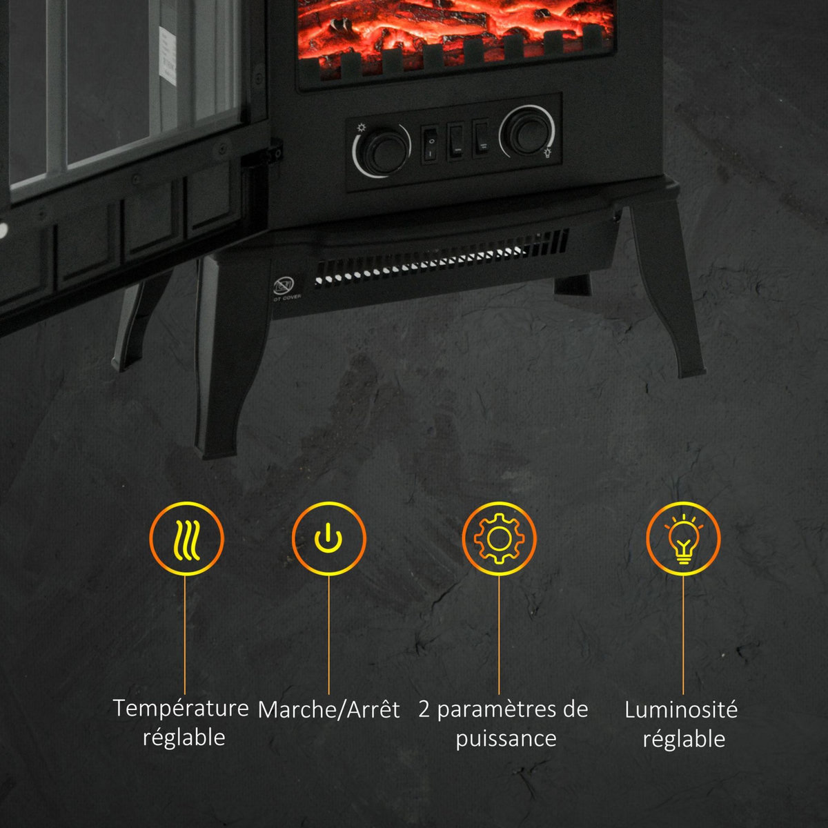 HOMCOM Cheminée électrique poêle style rétro 1000-2000 W simulation flammes LED porte noir