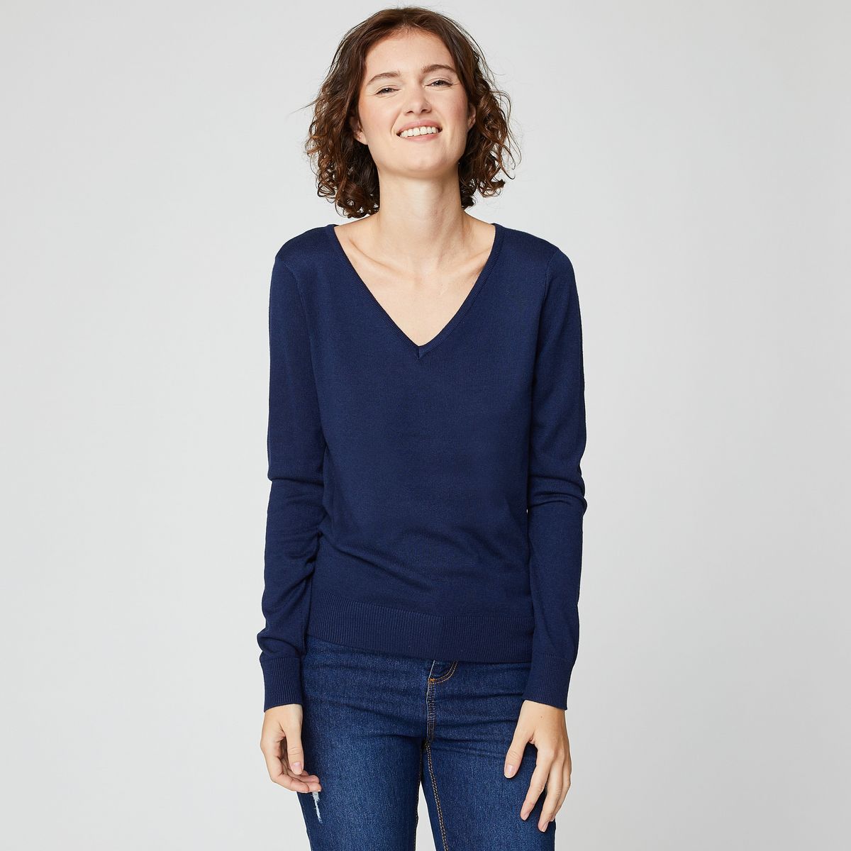 Haut Femme Col V Bleu Marine Warehouse - Taille UK10, Coton, Manches Courtes, Occasion TBE