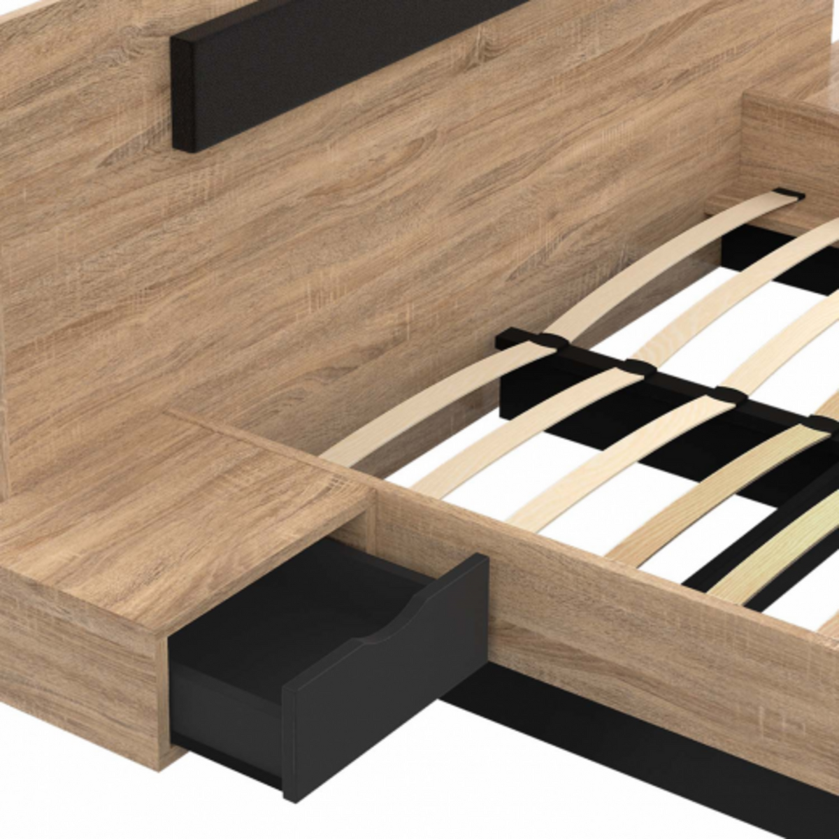 ID MARKET Lit double SANTA avec tête de lit + tables de chevet intégrées et sommier 160 x 200 cm bois et noir