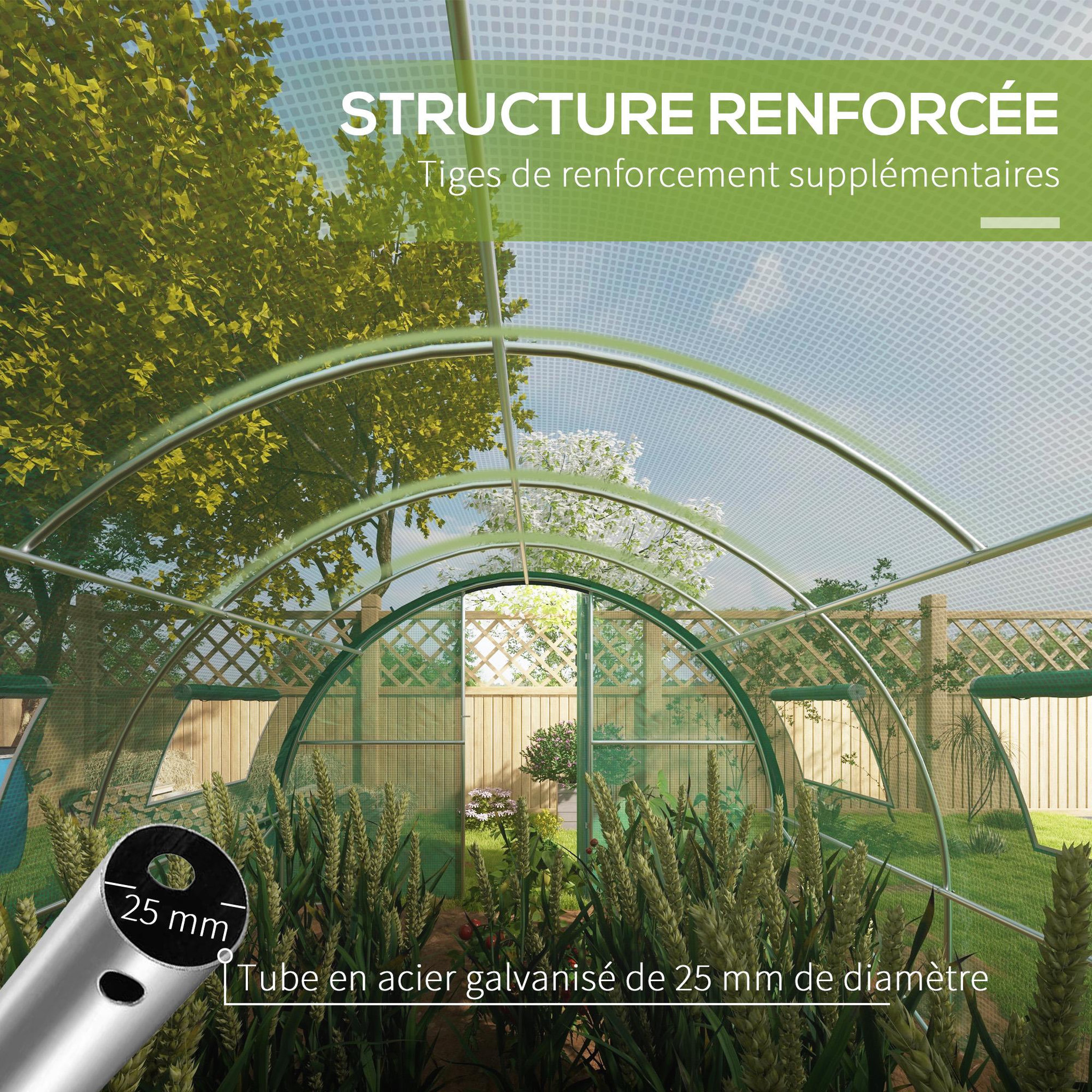 Voir la diapositive 5 : OUTSUNNY Serre de jardin tunnel 18 m² 8 fenêtres 2 portes articulées acier galvanisé PE haute densité vert