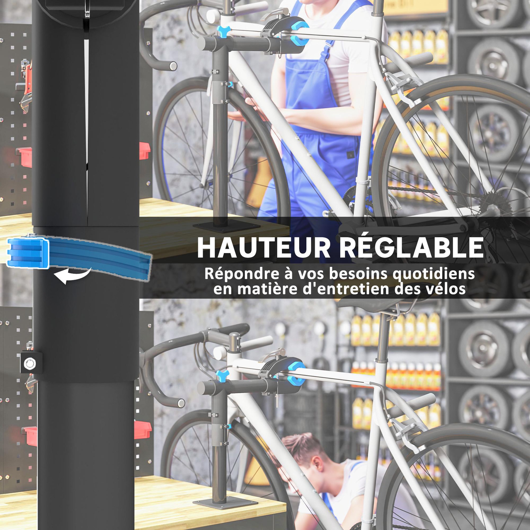 Voir la diapositive 5 : HOMCOM Support de réparation de vélo réglable - pied d'atelier vélo - pince pivotante 360° - charge max. 25 Kg - noir bleu