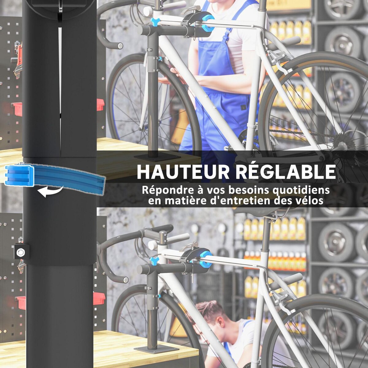 HOMCOM Support de réparation de vélo réglable - pied d'atelier vélo - pince pivotante 360° - charge max. 25 Kg - noir bleu