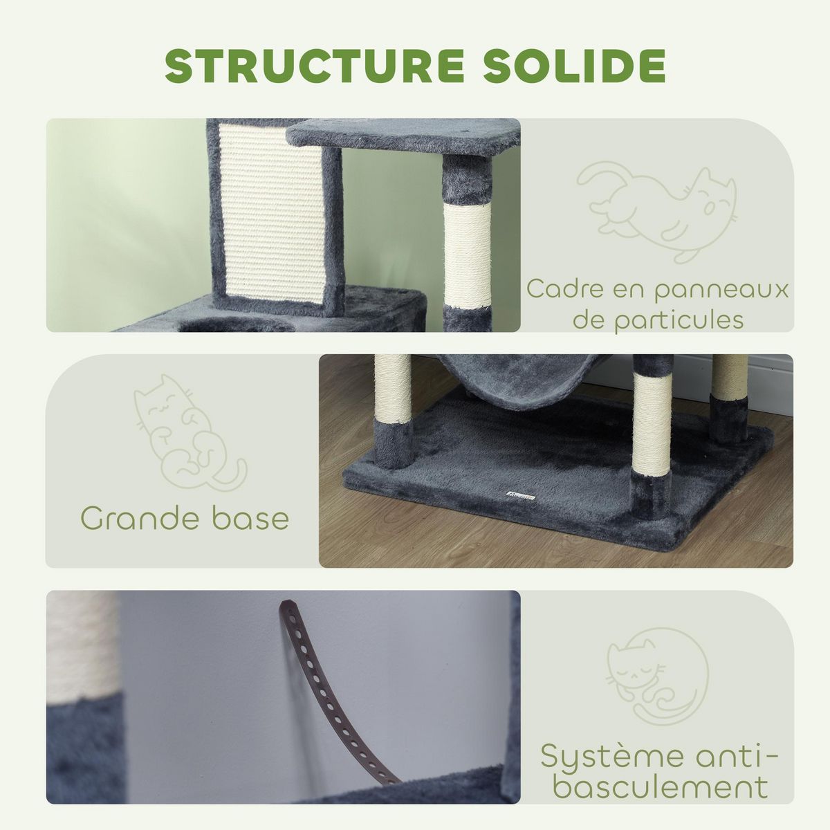 PAWHUT Arbre à chat grande taille H.206 cm équipement et accessoires multiples sisal naturel peluche gris
