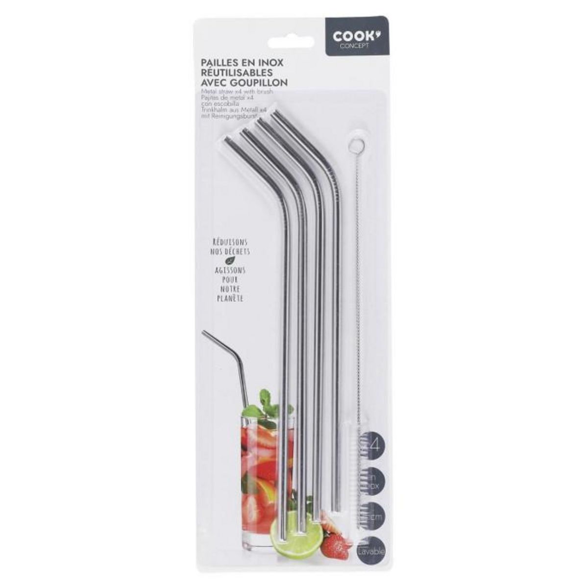 Paris Prix Lot de 4 Pailles Inox & Goupillon  Cali  25cm Argent