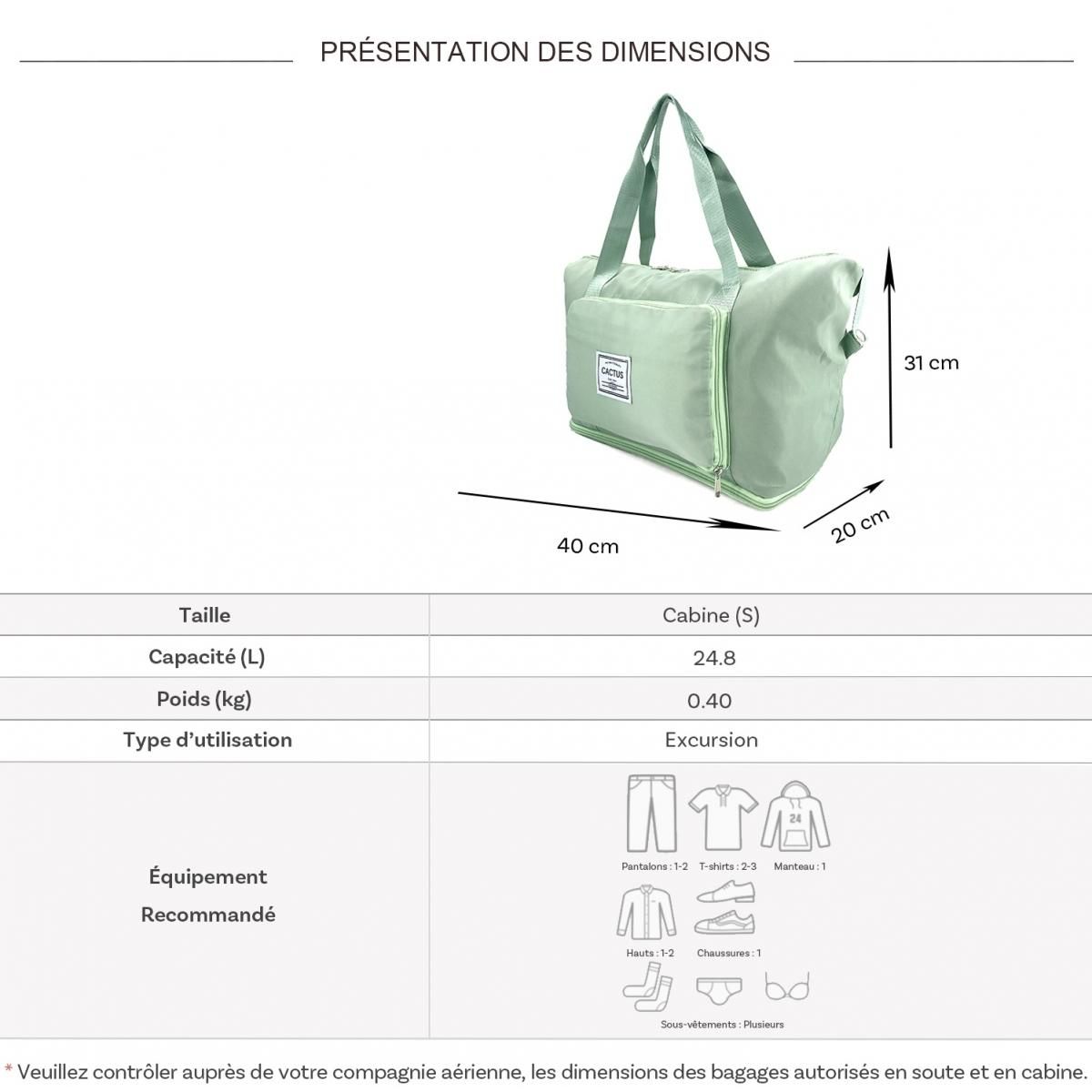 Cactus Sac de voyage week-end 24L pliable et déperlant sans roulettes