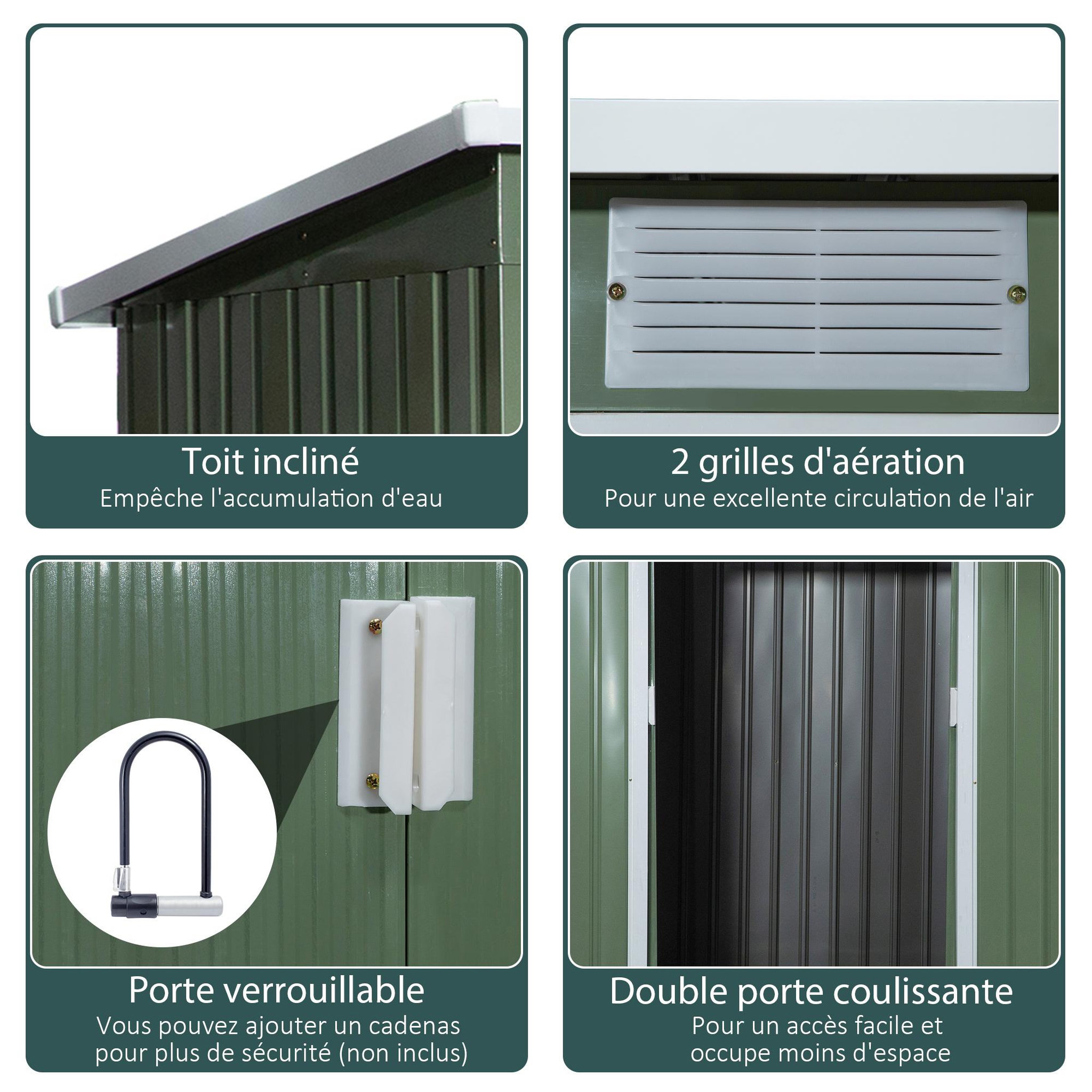 Voir la diapositive 5 : OUTSUNNY Abri de jardin - remise pour outils - fondation incluse - cabanon 2 portes coulissantes verrouillables - dim. 213L x 130l x 173H cm - tôle d'acier vert