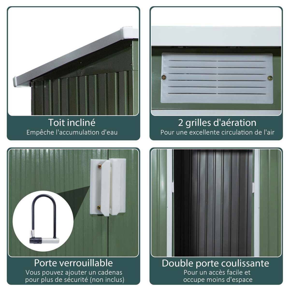 OUTSUNNY Abri de jardin - remise pour outils - fondation incluse - cabanon 2 portes coulissantes verrouillables - dim. 213L x 130l x 173H cm - tôle d'acier vert