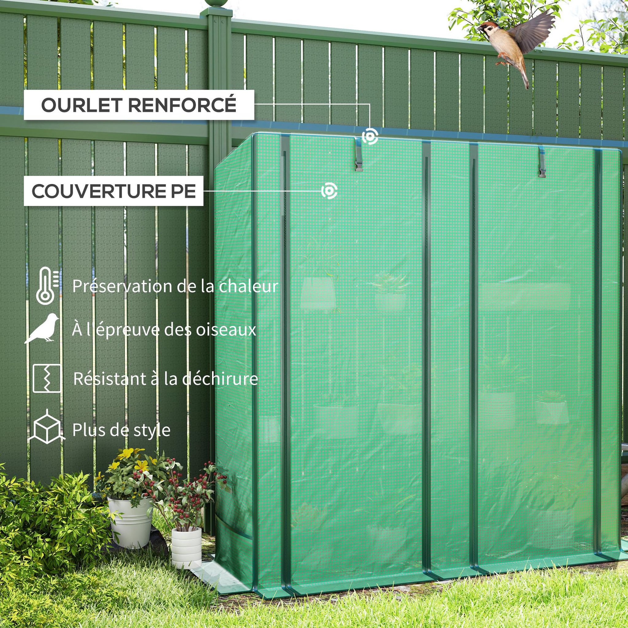 Voir la diapositive 4 : OUTSUNNY Serre de jardin balcon avec étagères métalliques 3 niveaux 2 portes acier noir pe vert