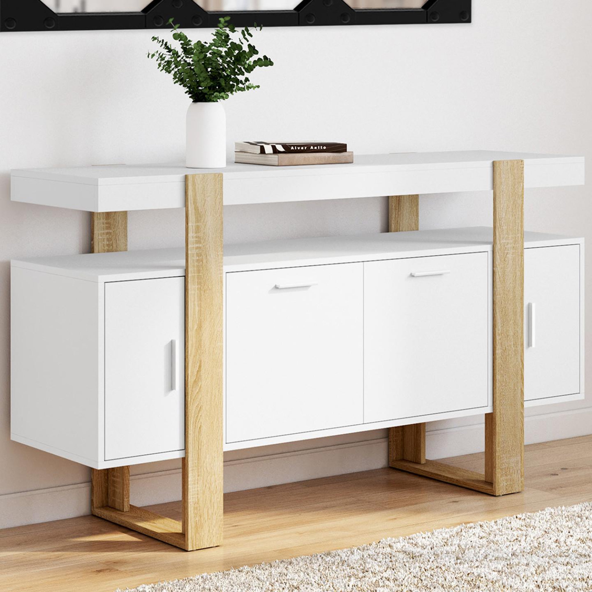 Voir la diapositive 2 : ID MARKET Buffet 140 cm phoenix 4 portes blanc et bois