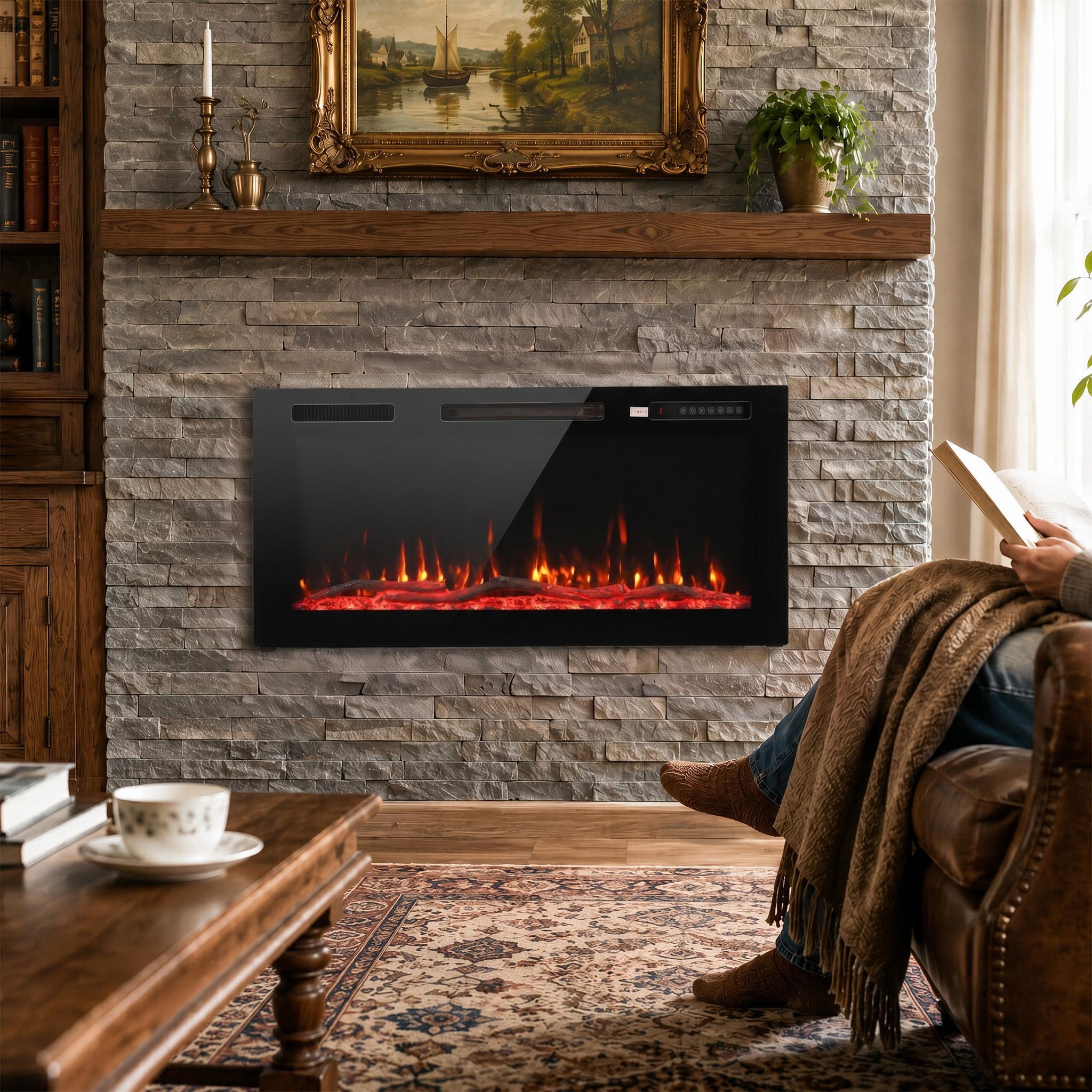 Voir la diapositive 4 : HOMCOM Cheminée électrique design extra-plat sur pieds effet flammes 3D télécommande