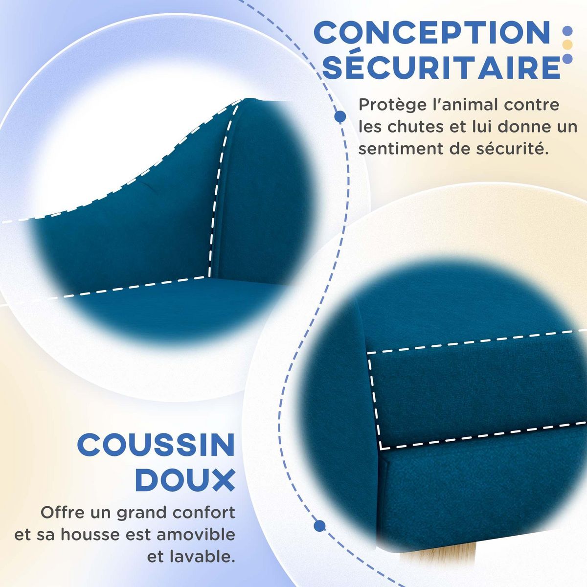 PAWHUT Canapé chien lit pour chien design scandinave - coussin moelleux déhoussable, pieds bois - velours bleu canard