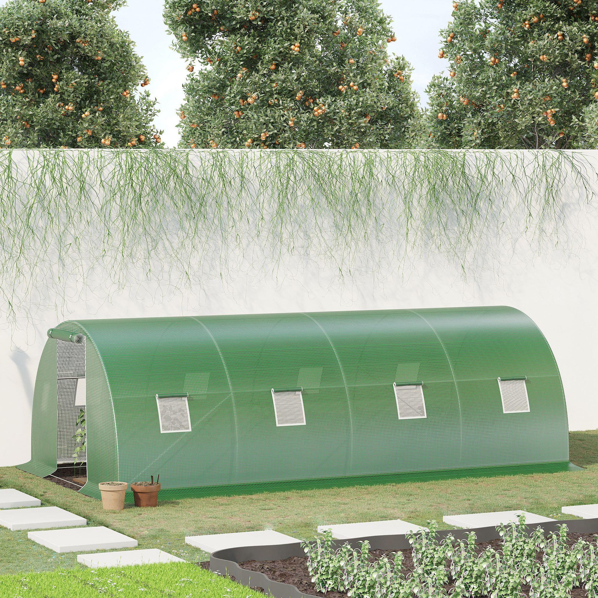 Voir la diapositive 2 : OUTSUNNY Serre de jardin tunnel 18 m² dim. 6l x 3l x 2h m - 8 fenêtres, porte zippée enroulable - châssis tubulaire acier galvanisé, bâche pe haute densité vert