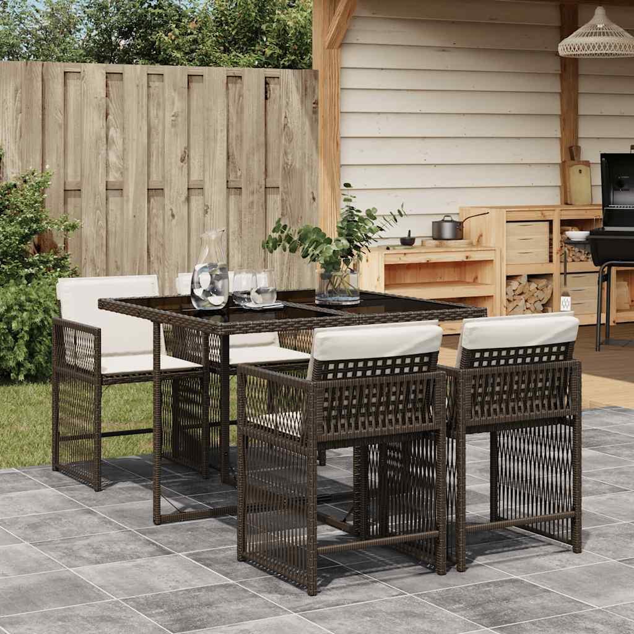 VIDAXL Ensemble a manger de jardin 5 pcs et coussins marron poly rotin
