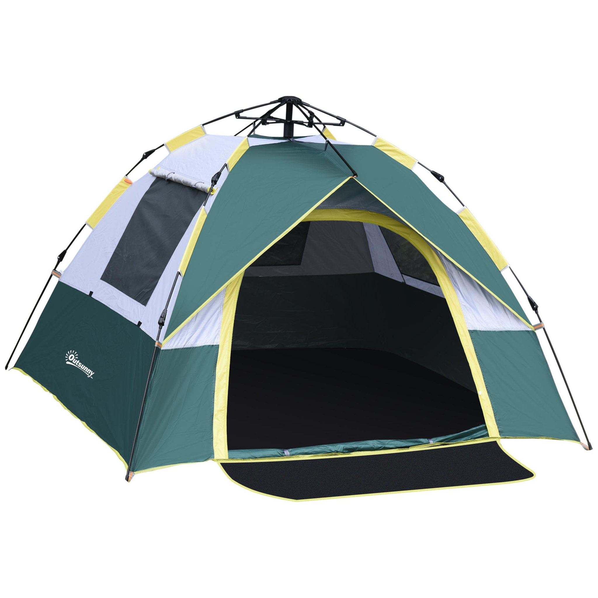Voir la diapositive 1 : OUTSUNNY Tente de camping pop up 3 personnes porte 3 fenêtres sac de transport inclus fibre verre polyester pe jaune gris vert