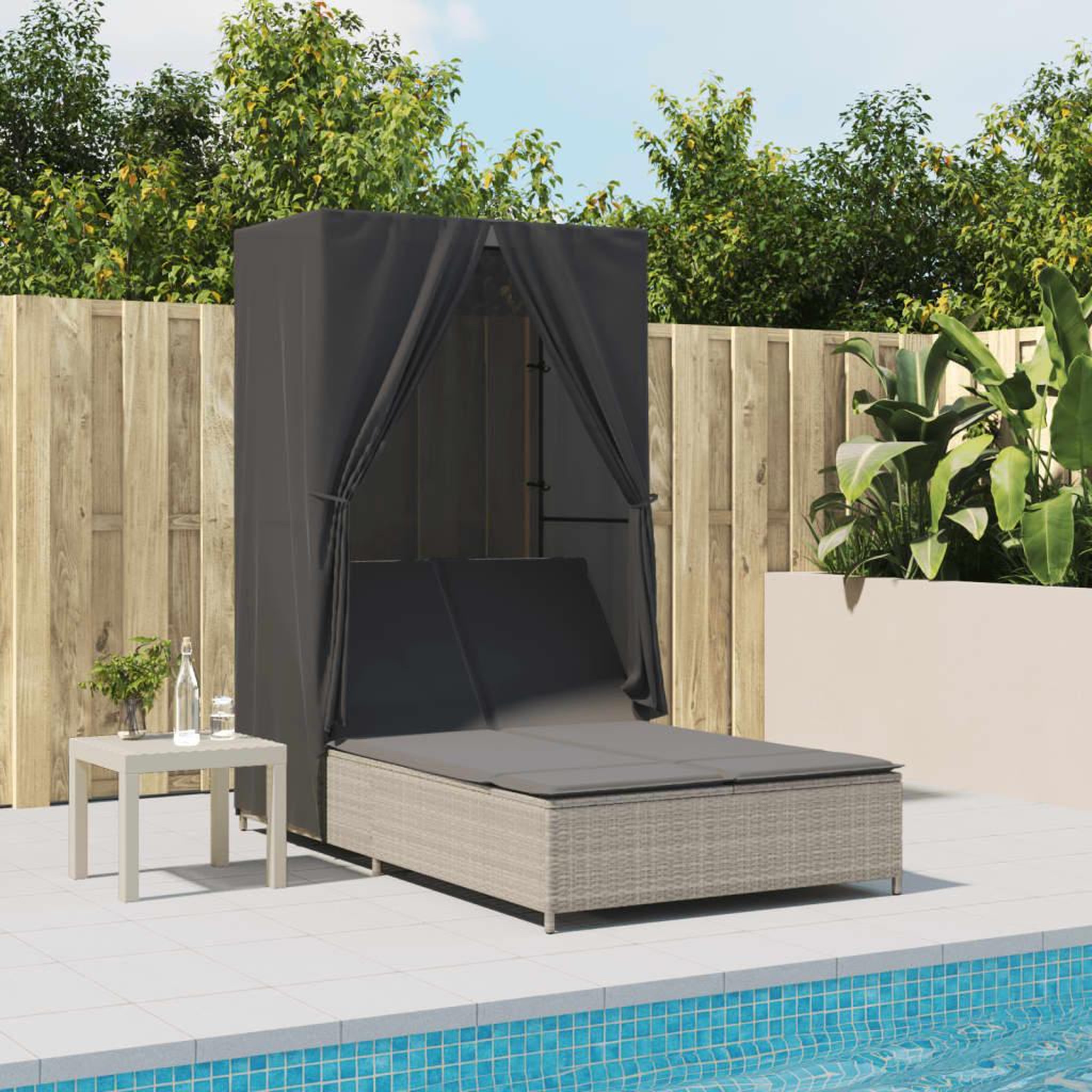 VIDAXL Chaise longue double avec toit et rideaux gris clair poly rotin