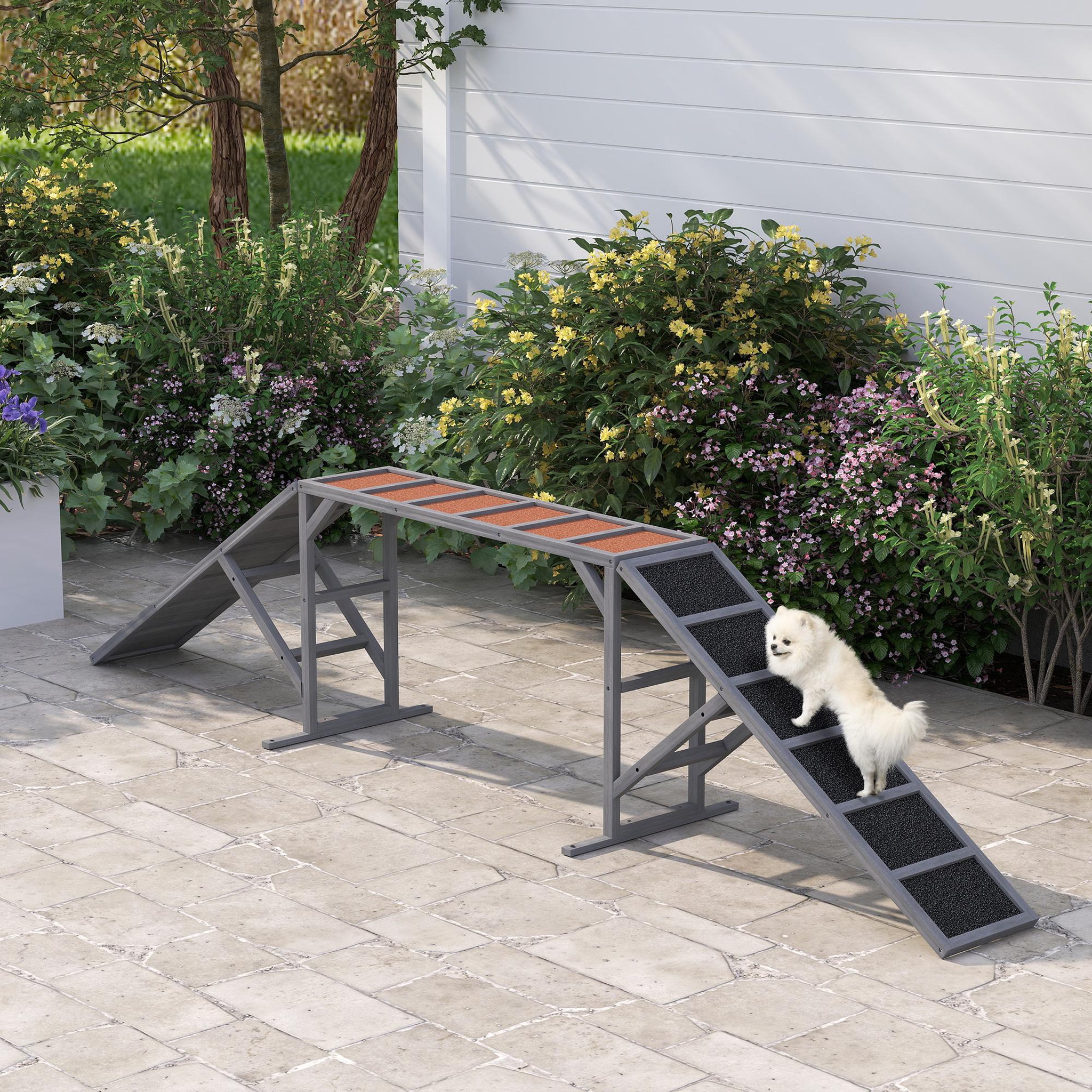 Voir la diapositive 2 : PAWHUT Rampe d'agilité pour chien barres de sécurité surface antidérapante max. 40kg bois gris