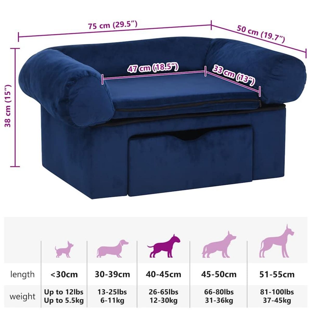 VIDAXL Canape pour chien avec tiroir Bleu 75x50x38 cm Peluche