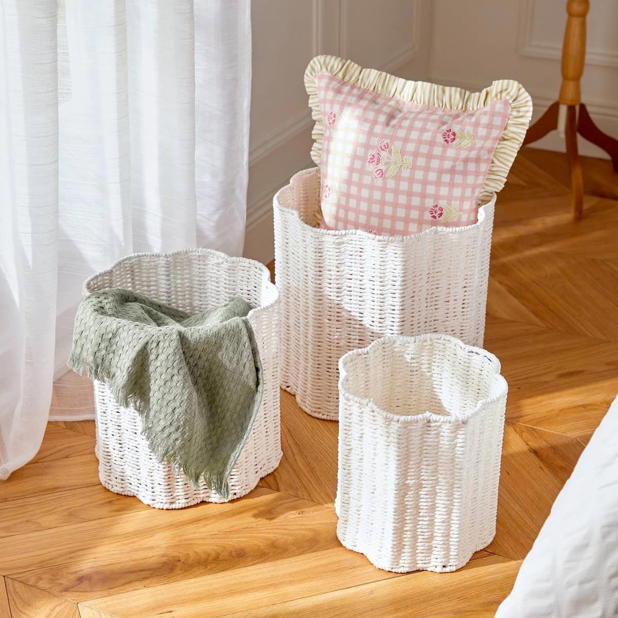 Voir la diapositive 2 : ATMOSPHERA Lot de 3 paniers effet corde  bloomy  38cm blanc