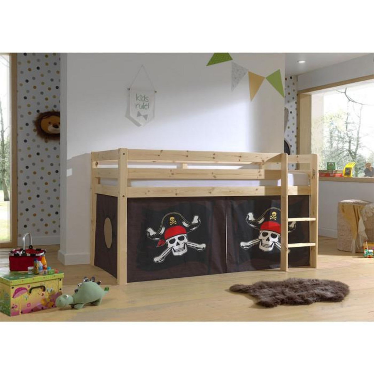 Paris Prix Lit Enfant Surélevé  Pino Caribian Pirates  90x200cm Naturel
