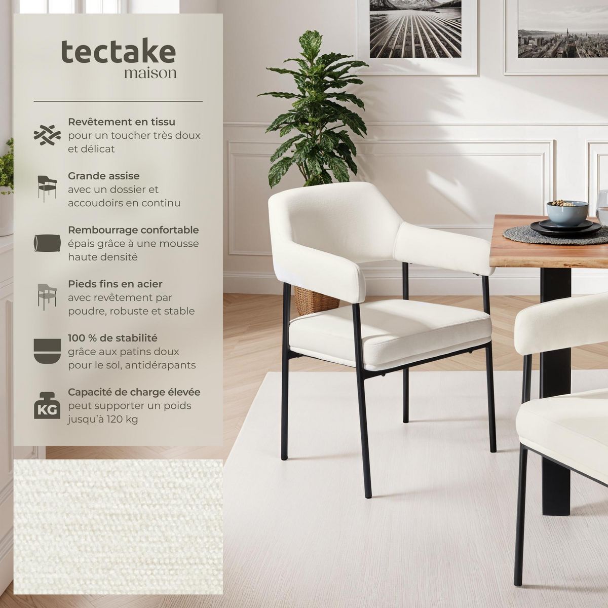 tectake Fauteuil rembourré Tissu blanc cassé/noir Lot de 4