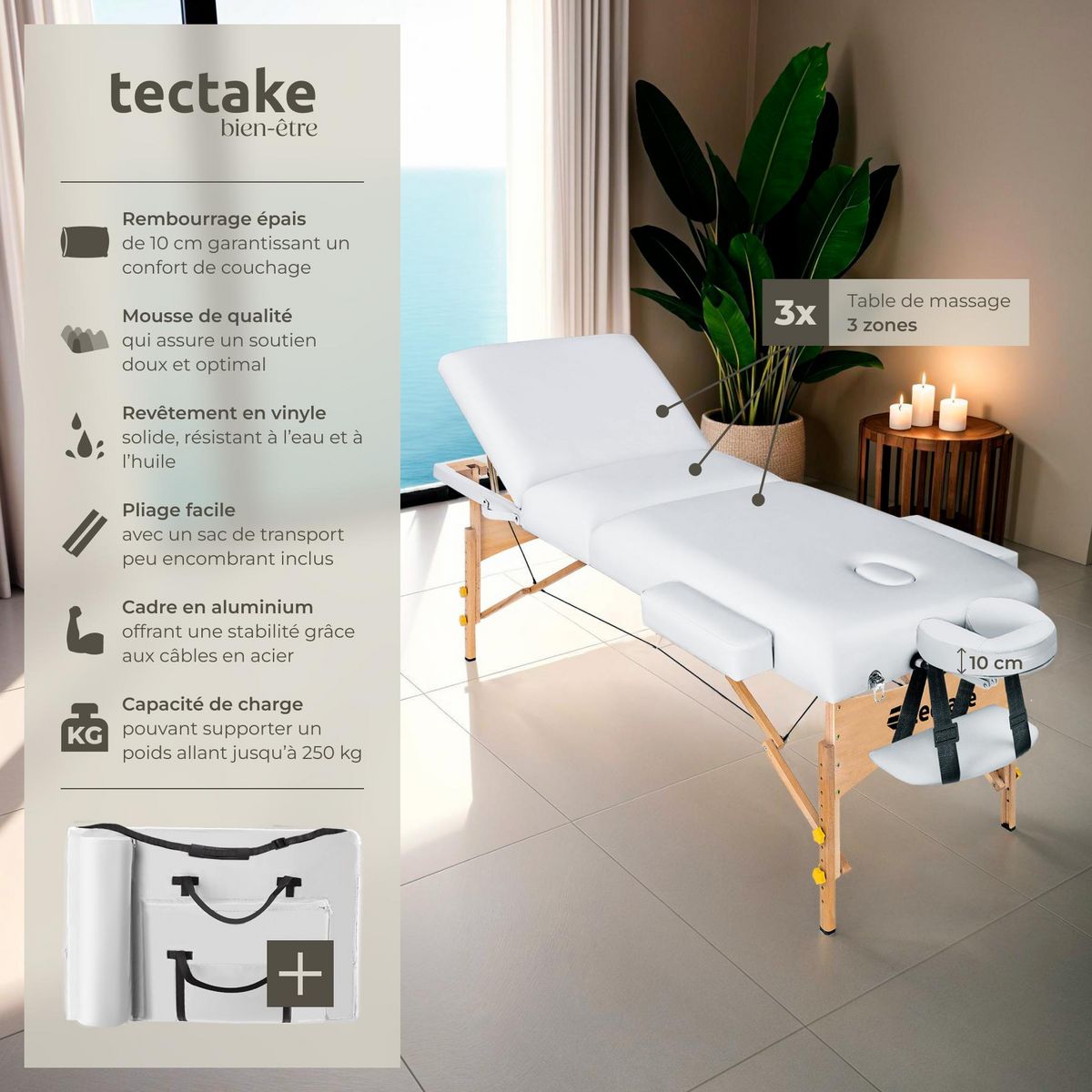 tectake Table de massage portable et pliante à 3 zones largeur 70 cm et rembourrage 10 cm blanc