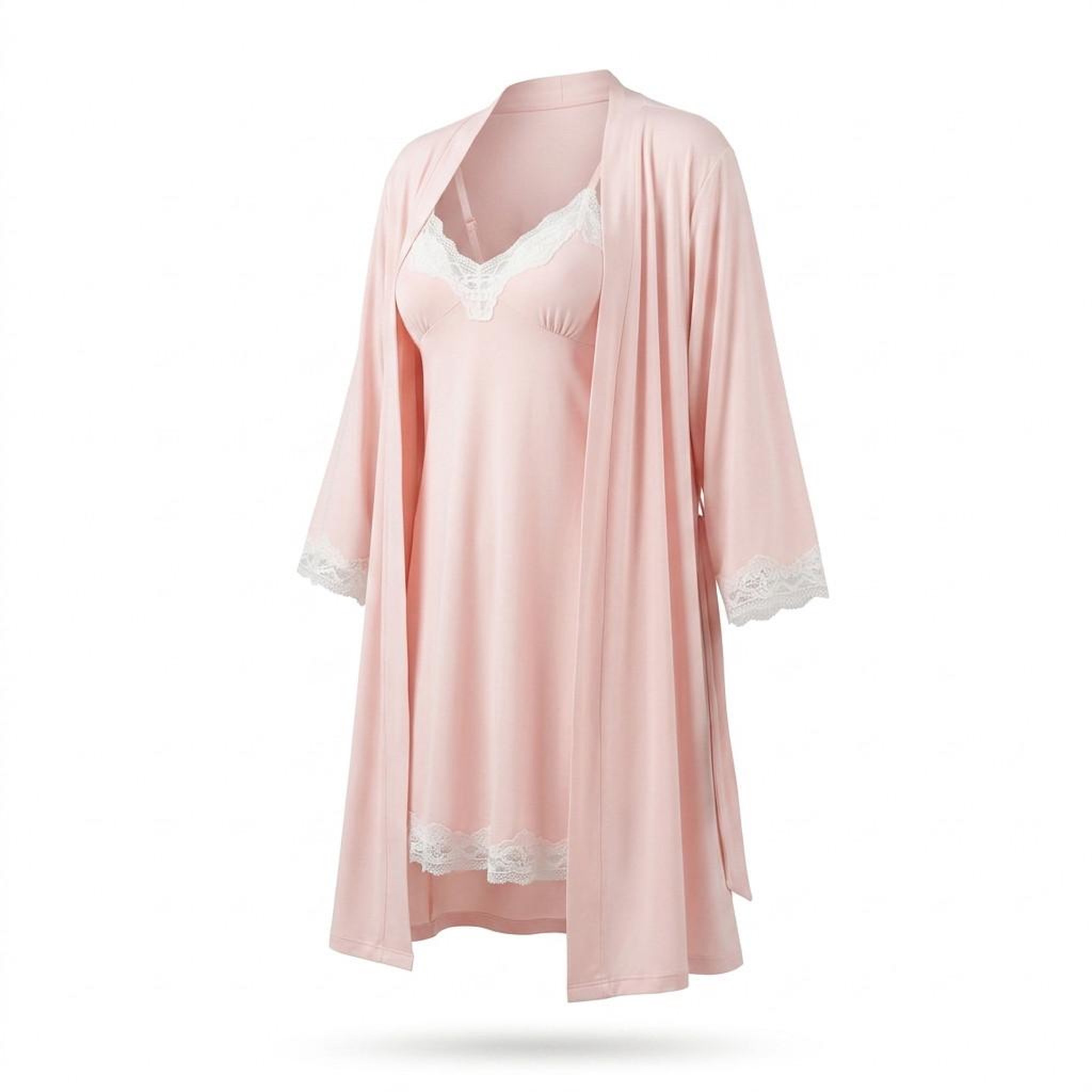 OZABI OZABI Nuisette et Kimono Femme 2 Pièces Viscose Dentelle Florale Ceinture. Coloris disponibles : Bleu, Rose, Violet