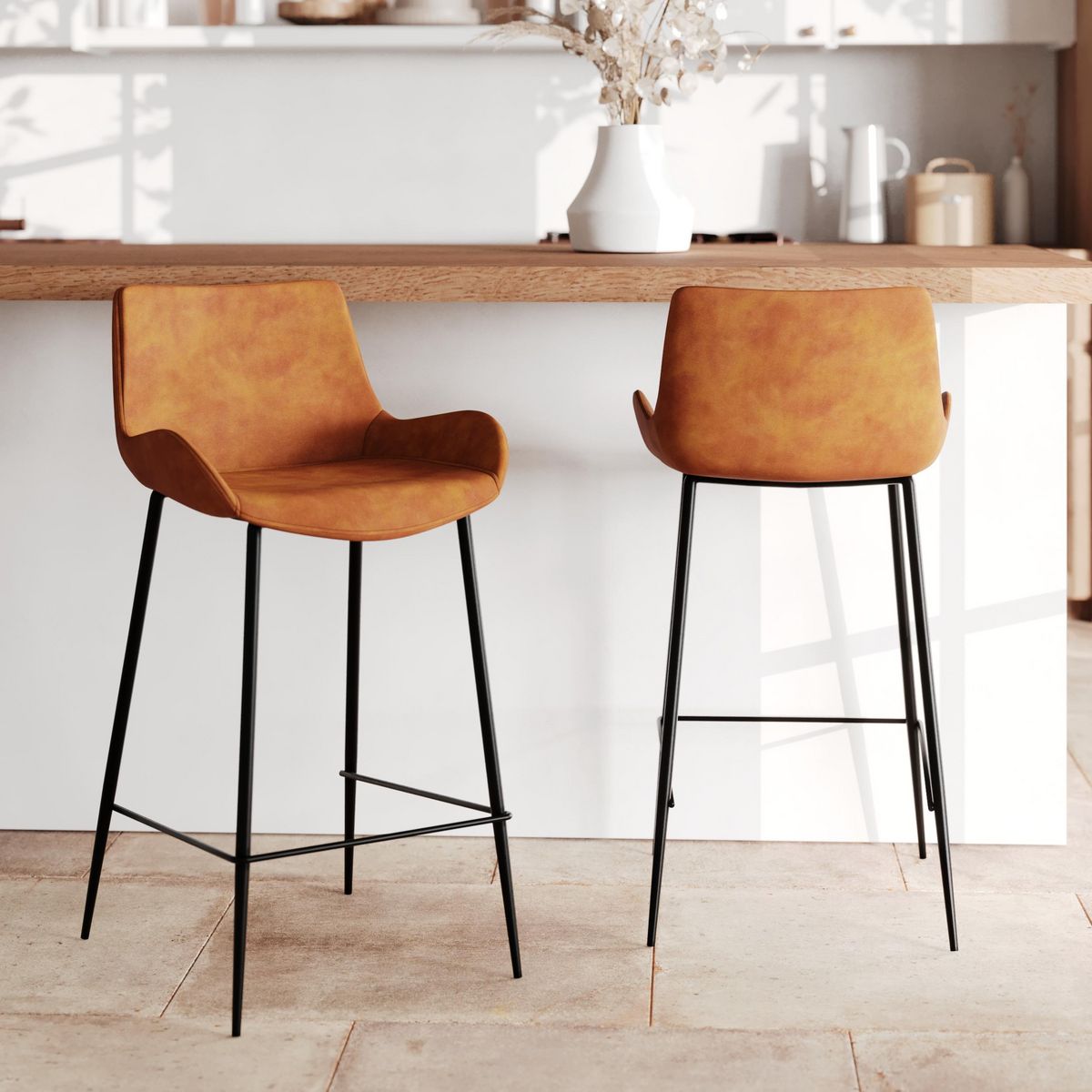 Rendez vous déco Lot de 2 chaises pour îlot central 65 cm en cuir synthétique camel - Pirata