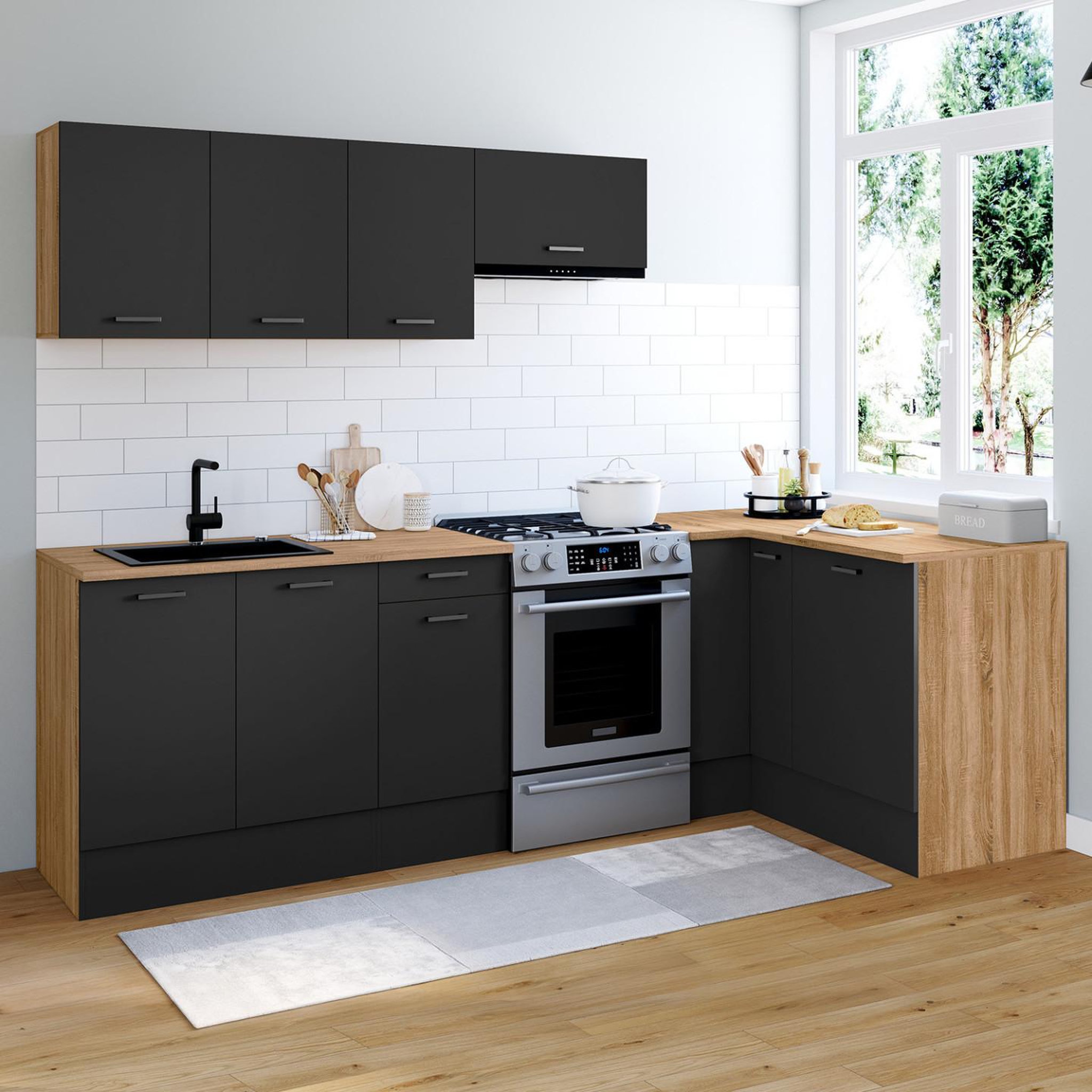 Voir la diapositive 2 : ID MARKET Cuisine complète d'angle 400 cm subtil avec plan de travail 7 élements bois et noir