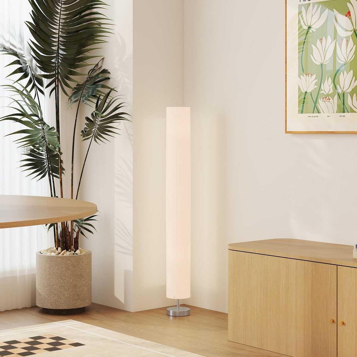 HOMCOM Lampadaire colonne sur pied design H.120 cm acier inox tissu blanc