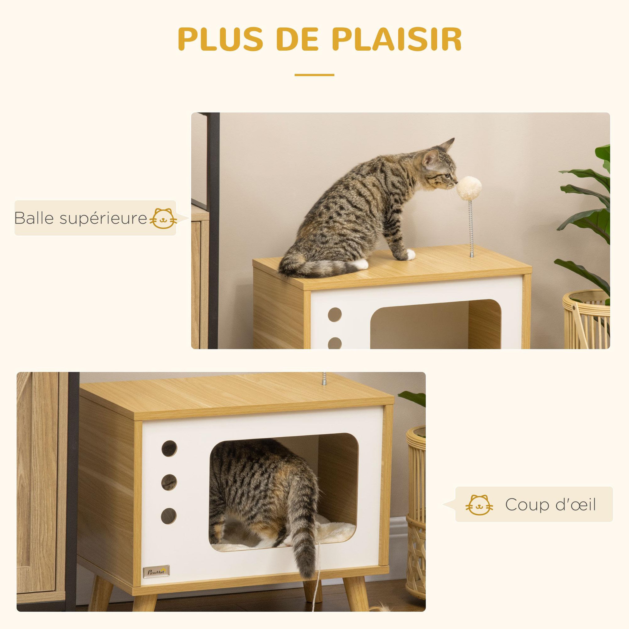 Voir la diapositive 6 : PAWHUT Maison pour chat design poste de télévision - niche chat panier chat - 2 coussins amovibles, boule à ressort - panneaux aspect bois clair blanc
