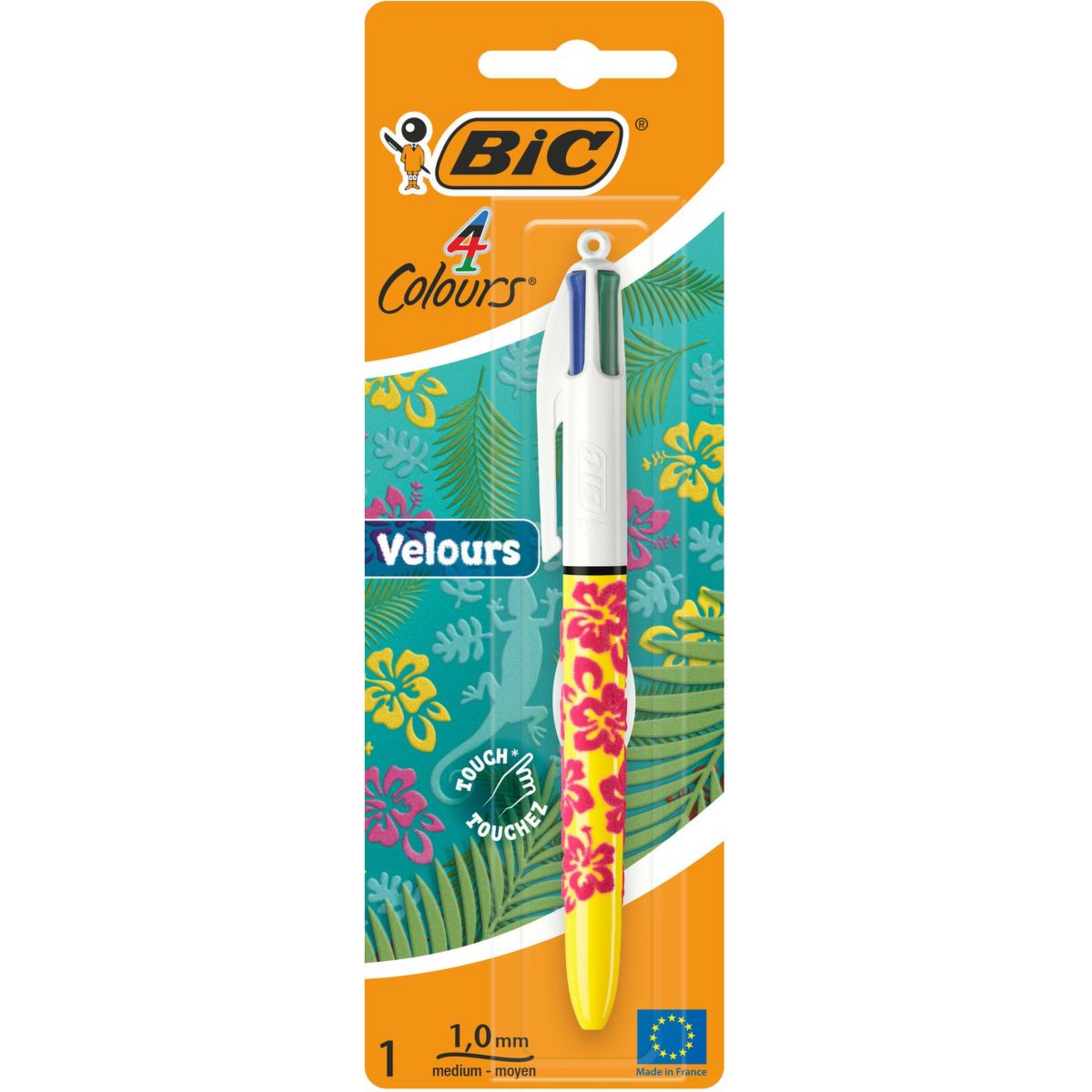 BIC Stylo bille 4 couleurs rétractable pointe moyenne Velours fleurs ...