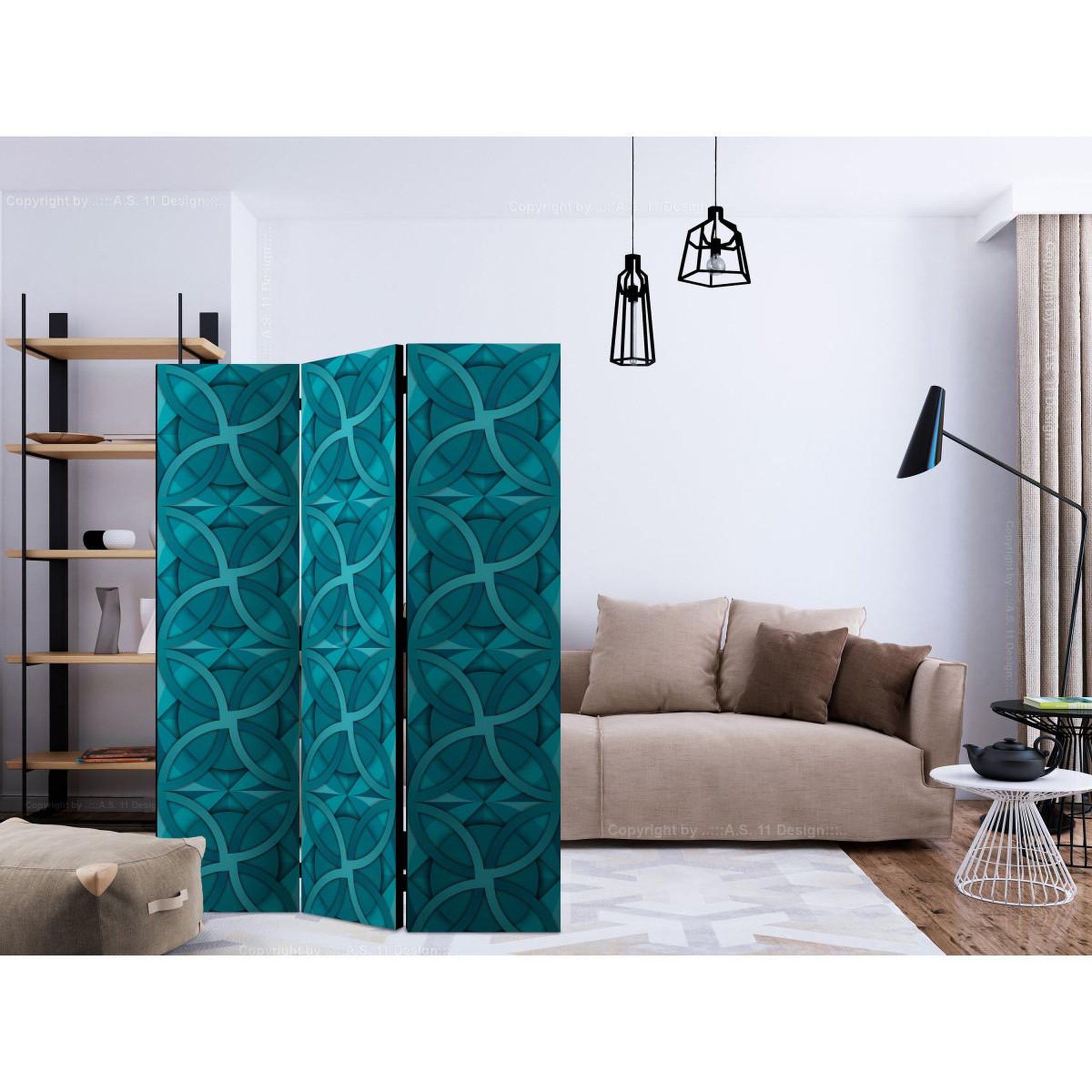 Voir la diapositive 2 : Paris Prix Paravent 3 volets  geometric turquoise  135x172cm