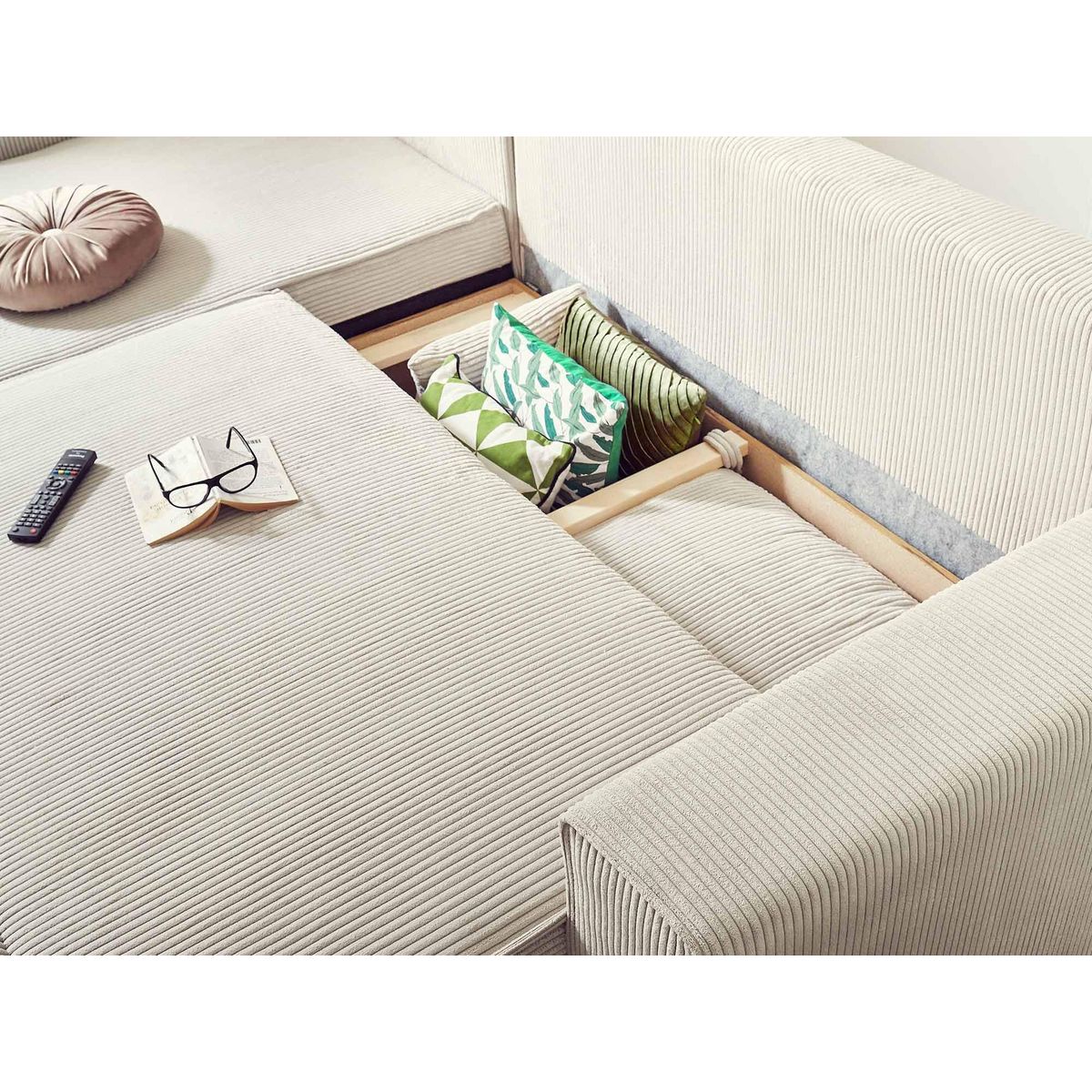 BEST MOBILIER Dellia - canapé d'angle réversible convertible - avec coffre - en velours côtelé - 4 places