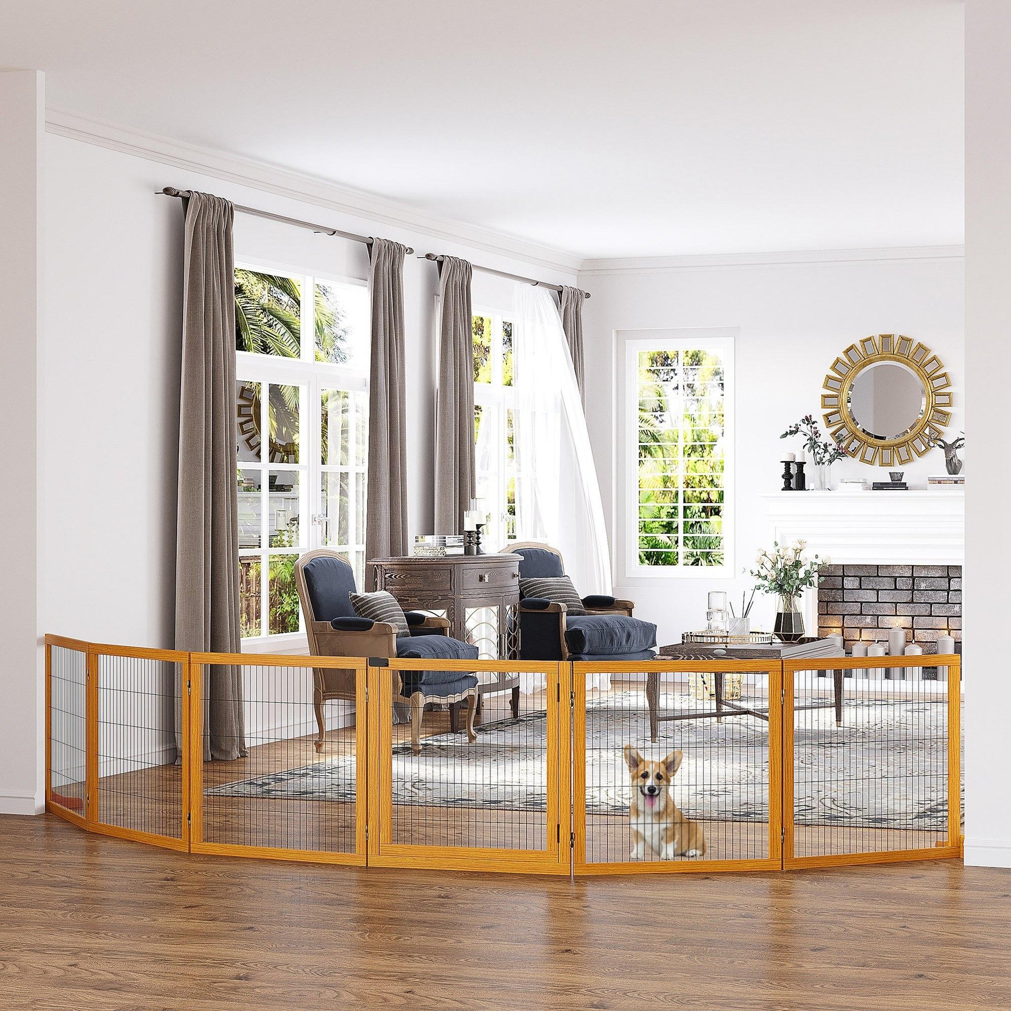 Voir la diapositive 2 : PAWHUT Barrière de sécurité parc enclos chien modulable pliable porte verrouillable intégrée 5 panneaux grillage acier noir bois de pin verni