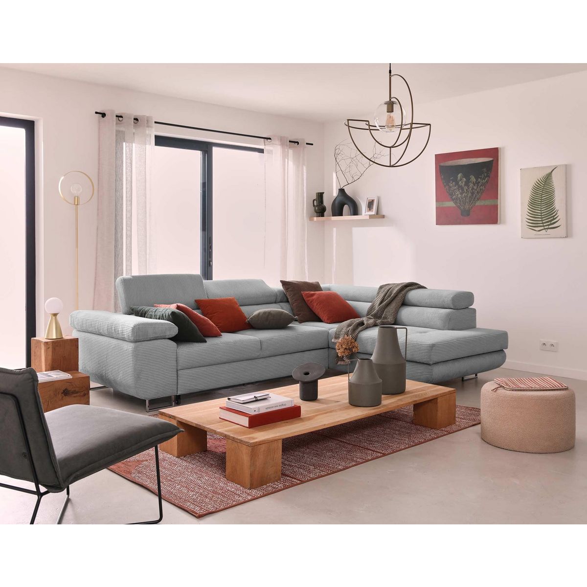 BEST MOBILIER Zaria - canapé d'angle droit - convertible avec coffre et têtières réglables - 5 places - en velours côtelé