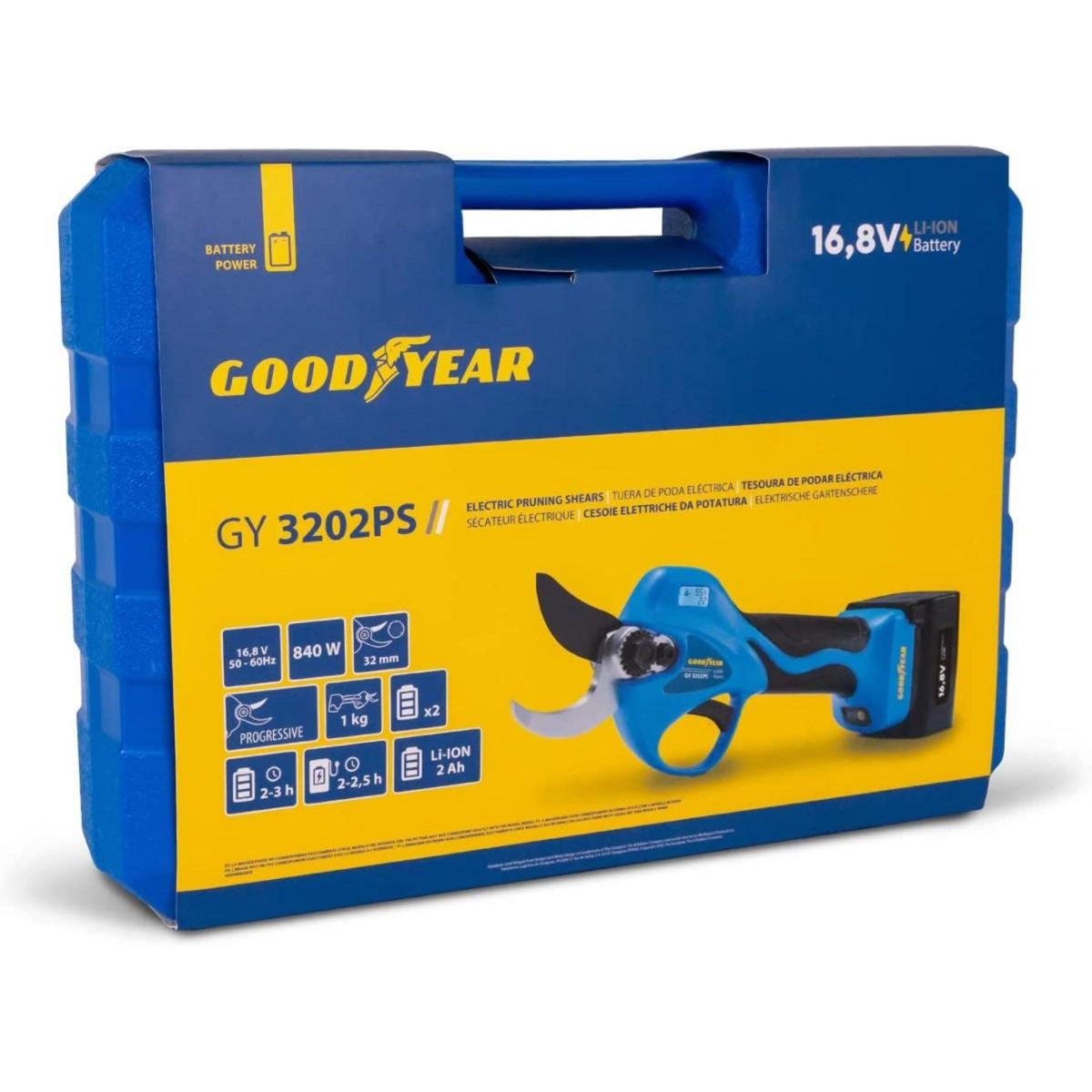 GOODYEAR Sécateur électrique Professionnel 16,8V + 2 Batteries Lithium 2Ah Ø Coupe 32 mm Moteur Brushless GOODYEAR