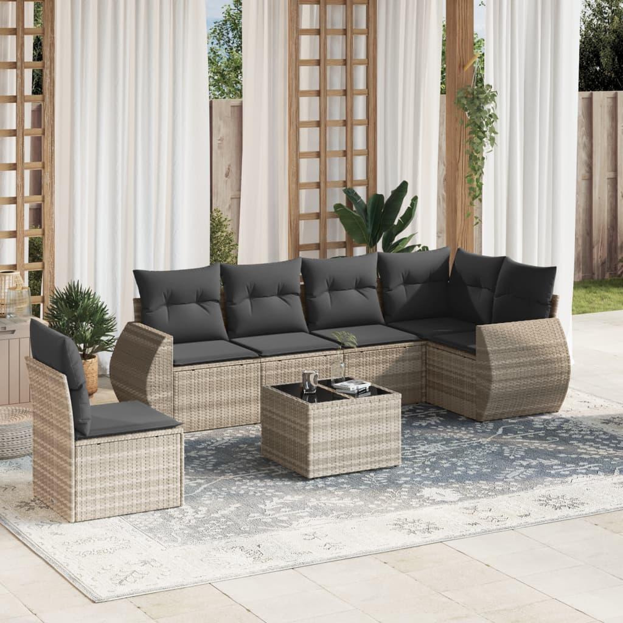 VIDAXL Salon de jardin avec coussins 7 pcs gris clair resine tressee